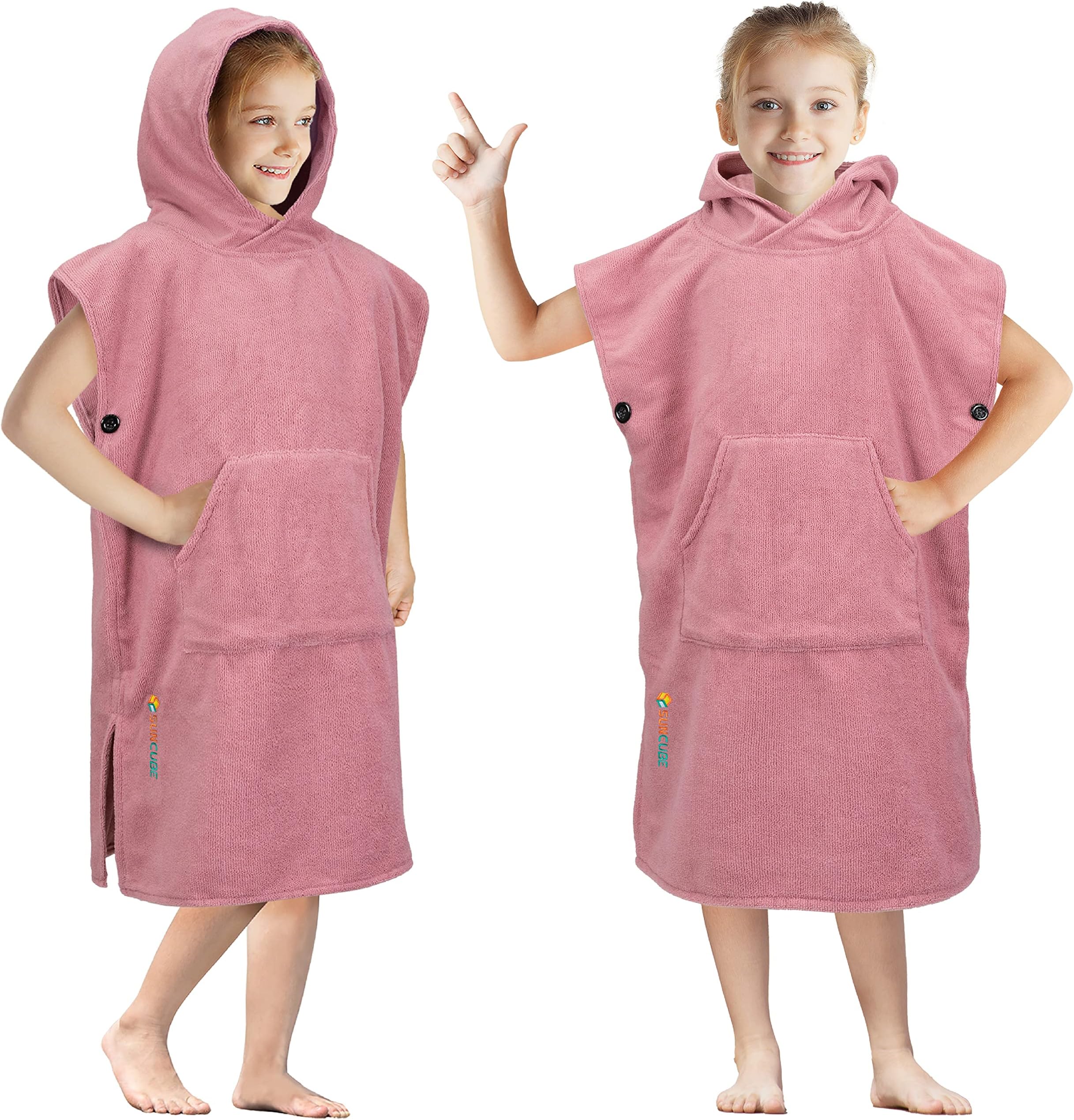 SUN CUBE Kids Changing Robe Surf Poncho, Microfiber Quick Dry Beach Swim Towel Poncho with Hood, Pocket for Girls Childern 3-8 Years - Light Pink