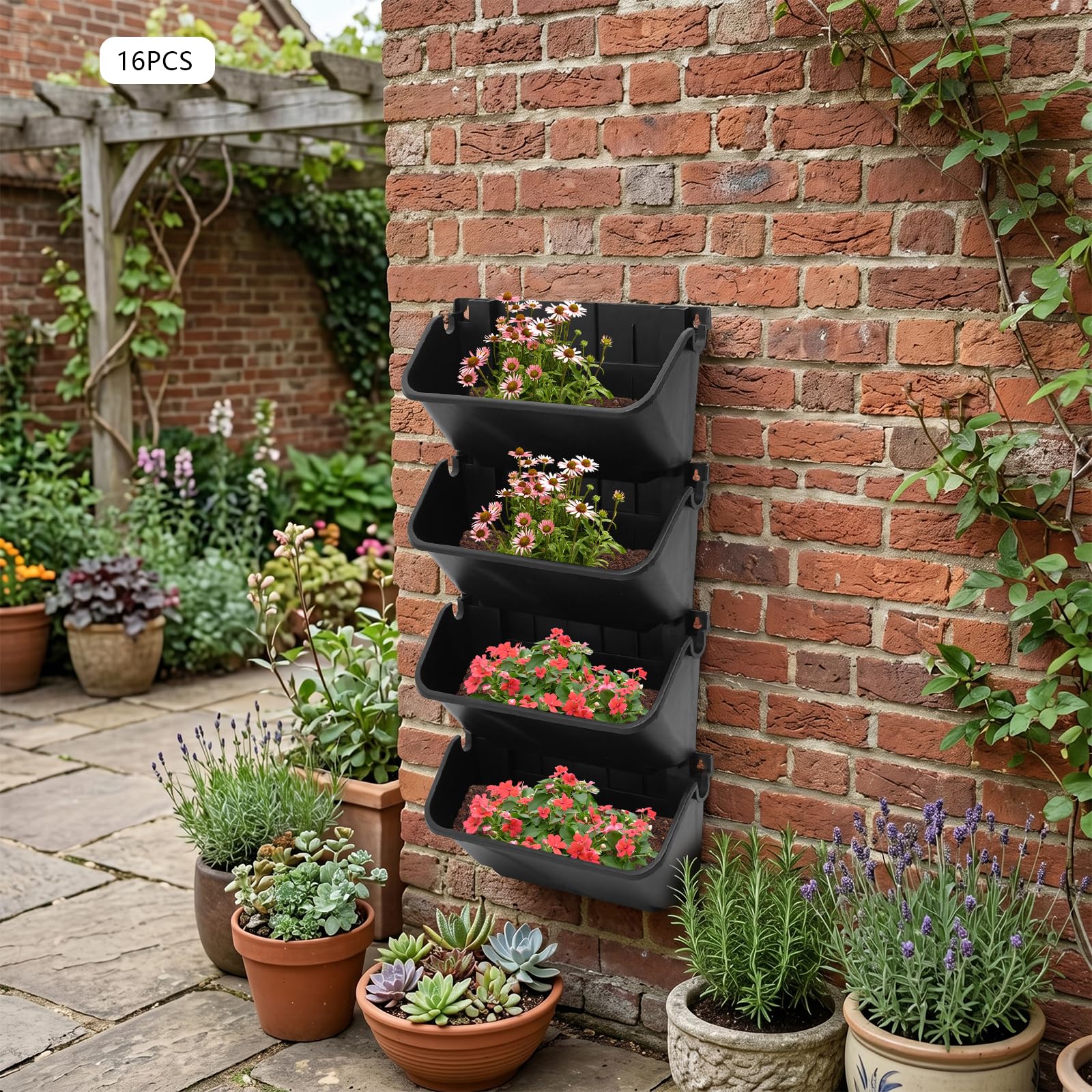 Wandblumentopf Set 16-teilig, Blumentopf Pflanzen Wandhalterung(Schwarz)