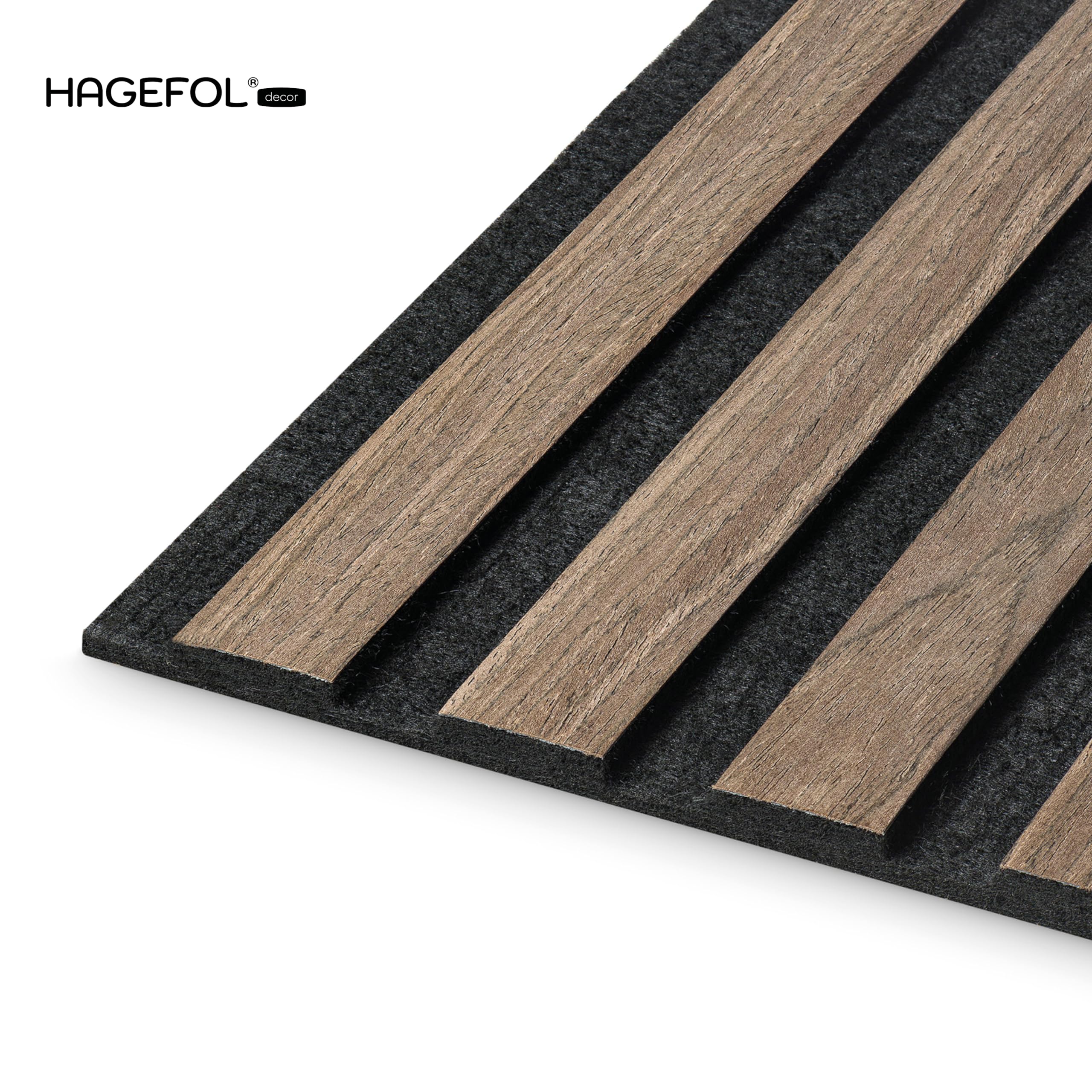 HAGEFOL® Akustikpaneele selbstklebend 240x56 cm, Farbe: Walnuss, Wandpaneele Holz Optik Wanddeko, 3D Lamellenwand Schallschutzplatte aus Holzfurnier auf Akustik Filz (2 Stück, 240x28cm im Paket)