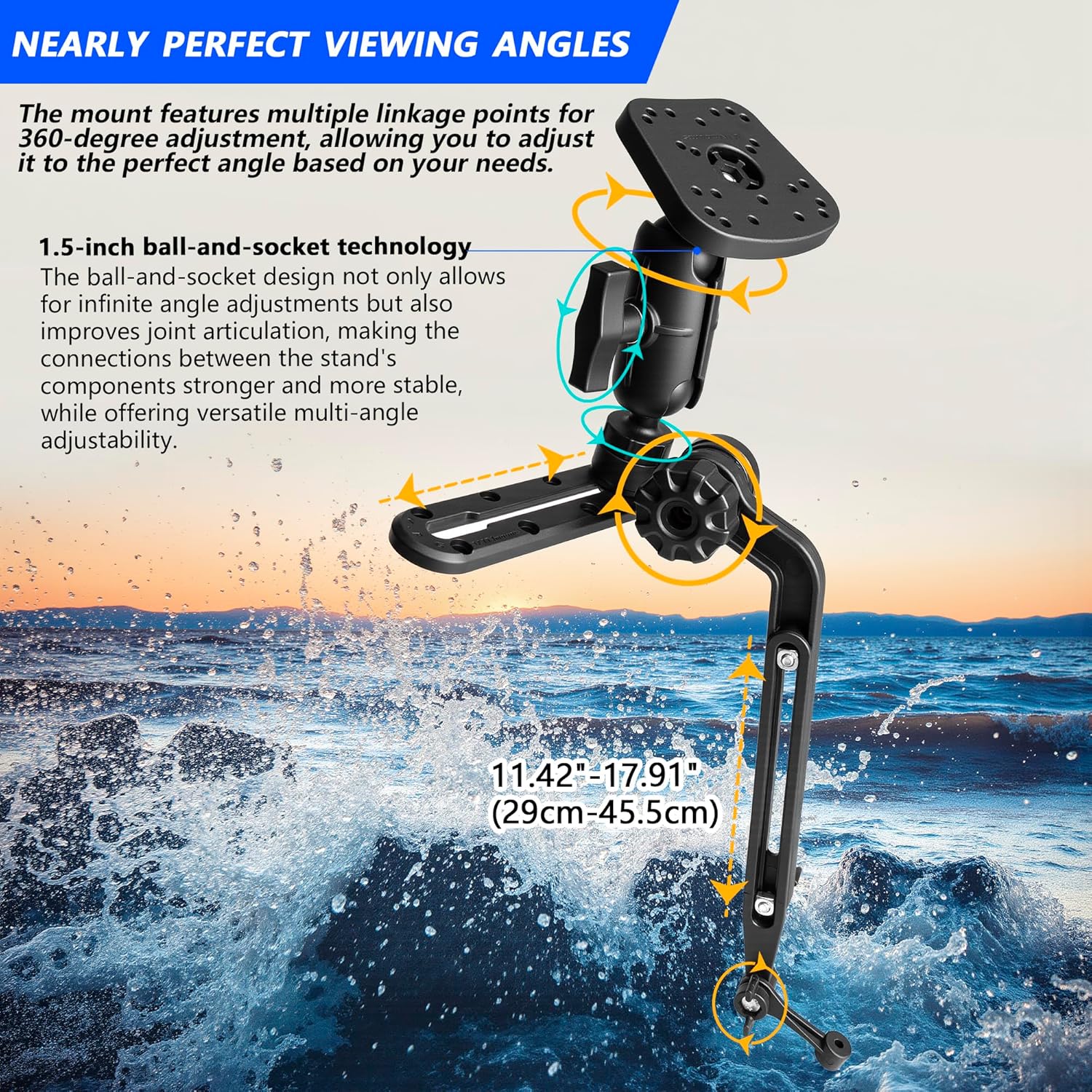 Kayak Fish Finder Mount,1.5" Ball Universal Mounting Plate with Transducer Mounting Arm, Marine Electronic Mount Plate with Low Profile Track, Compatible with Scotty, Lowrance, Garmin