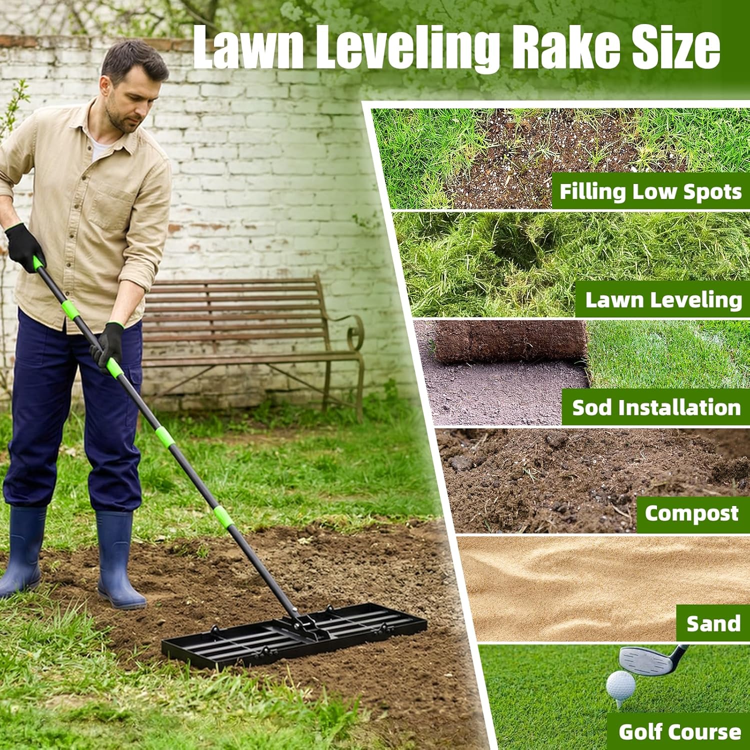 GARDTECH Lawn Leveling Rake, 30"x10" Heavy Duty Lawn Leveler with Anti-Flip Design, 76" Adjustable Handle Stainless Steel Yard Leveling Rake for Soil, Sand, Top Dressing, Garden, Golf Course