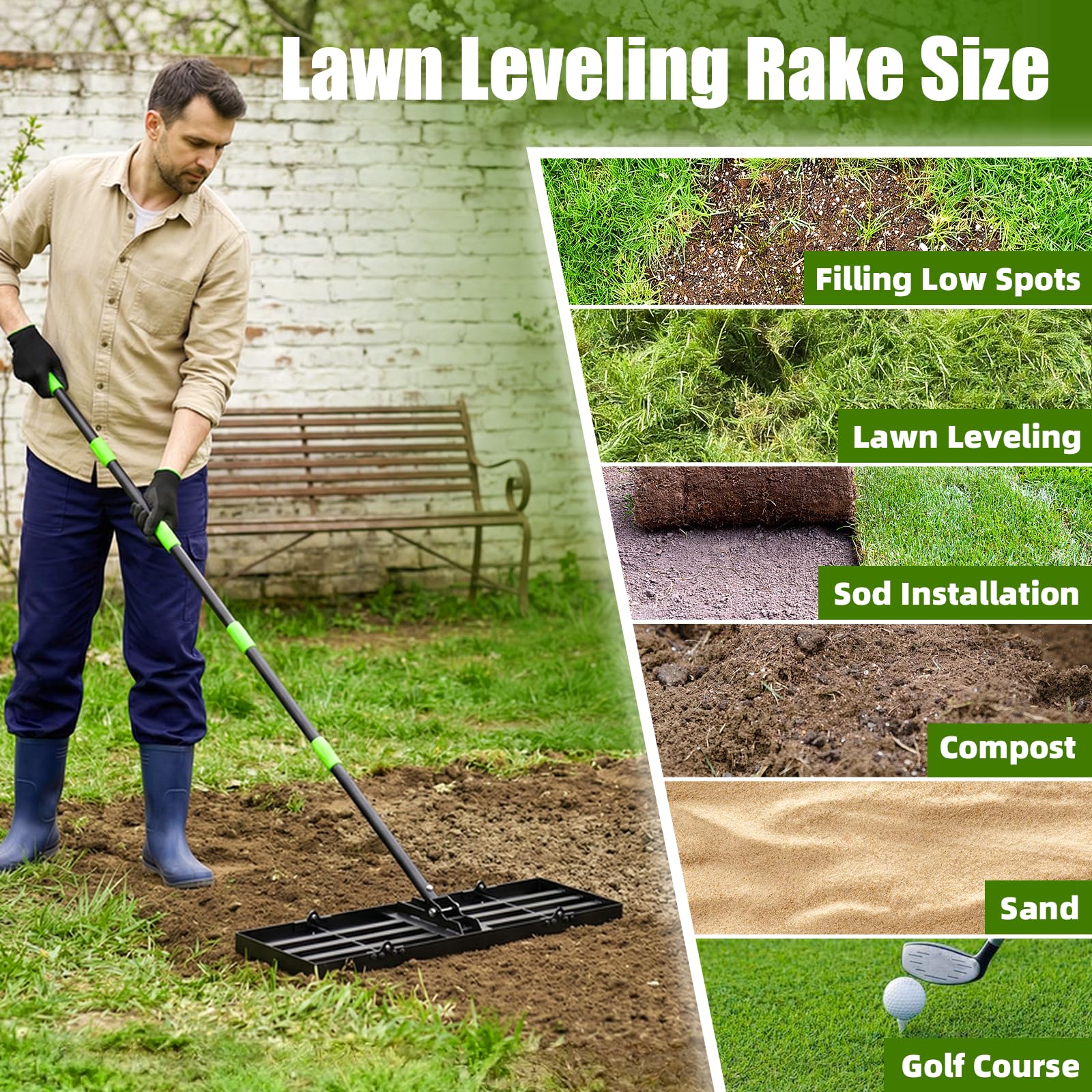 GARDTECH Rasenrakel 75x25 cm | Nivellierrechen aus Edelstahl mit Anti-Kipp-Design | 195 cm Verstellbarer Stiel für Rasen, Erde, Sand, Topdressing | Rasenrechen für Garten, Golfplatz