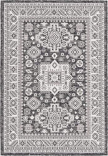 Rugs.com Outdoor Aztec Collection Alfombra  4 x 6 pies alfombra de tejido plano gris carbón perfecta para salas de estar, grandes comedores, planos disponible en Yaxa Mexico