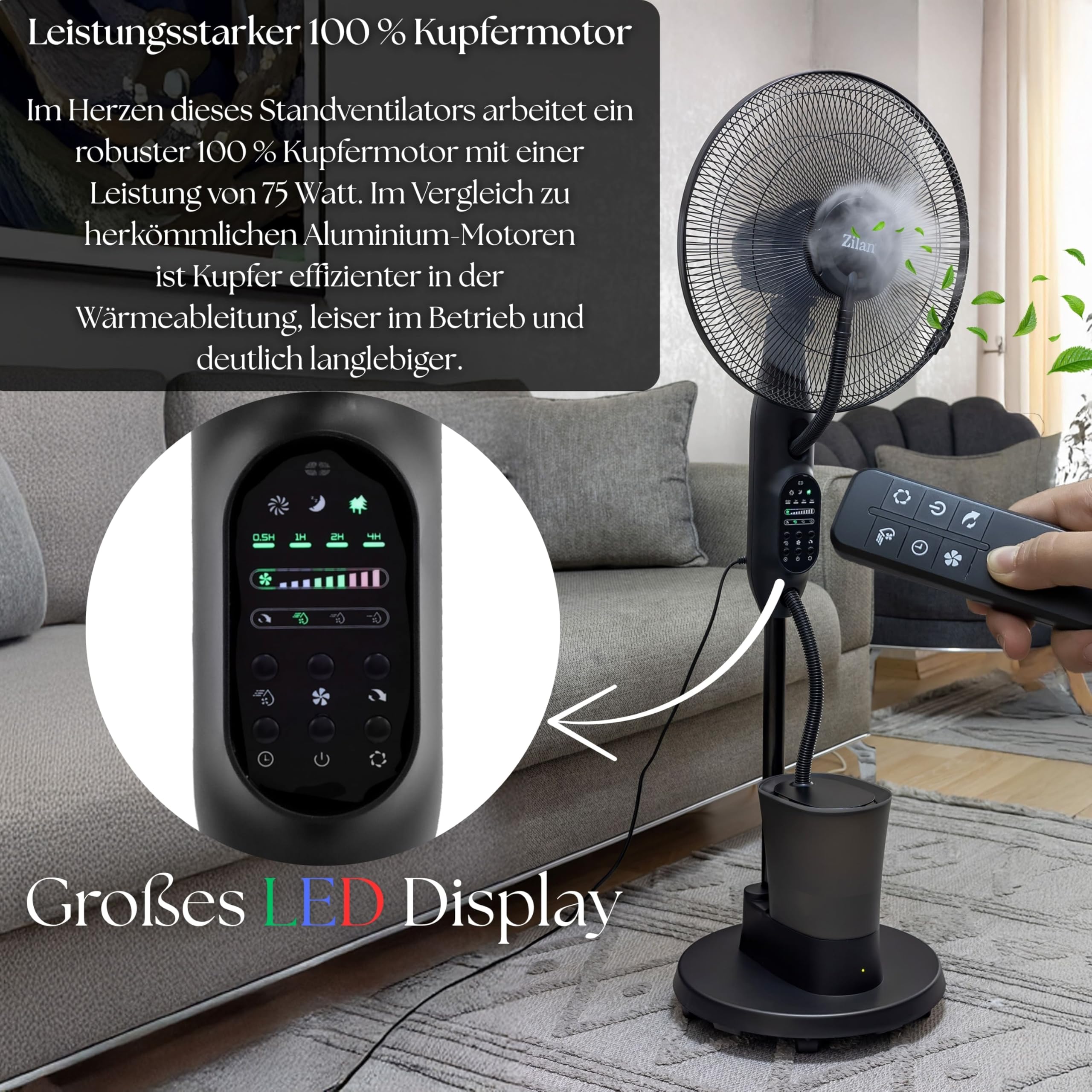 3in1 Standventilator mit Wasserkühlung sehr leise - Mobile Klimaanlage ohne Abluftschlauch -Verdunstungskühler Aircooler Turmventilator mit Fernbedienung Luftreiniger Timer Tower Fan (Vader Black)