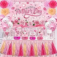 Mother's Day Decorations Pink Floral Happy Mothers Day Backdrop Honeycomb Table Centerpieces Balloons Foil Curtains Paper Pom Poms Wall Hanging Dining Decor Mothers Day Party Supplies