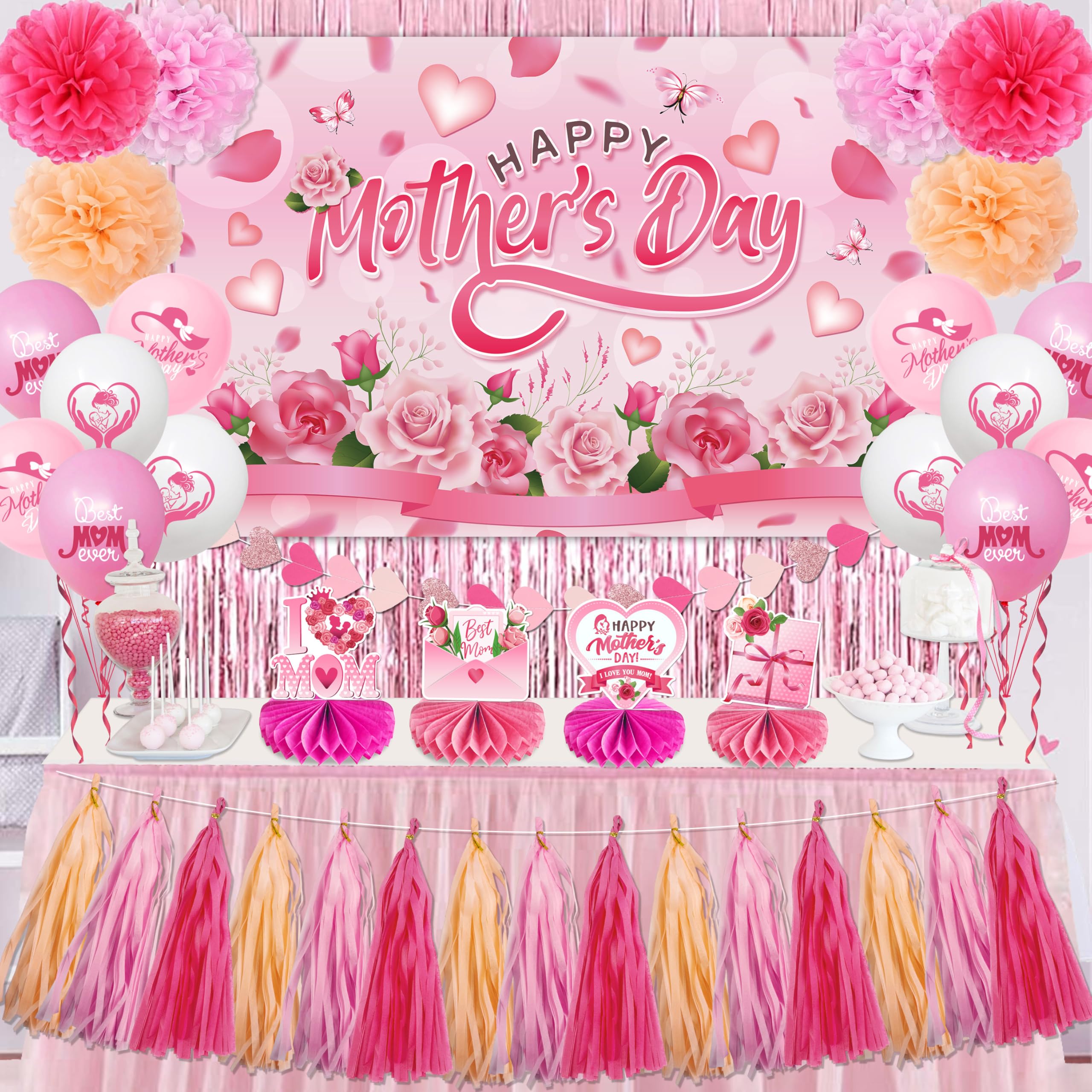 Mother's Day Decorations Pink Floral Happy Mothers Day Backdrop Honeycomb Table Centerpieces Balloons Foil Curtains Paper Pom Poms Wall Hanging Dining