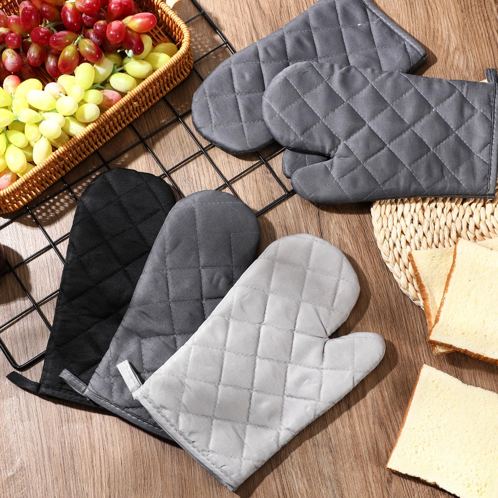 Geyoga Lot de 12 paires de gants de cuisine résistants à la chaleur en coton épais matelassé flexibles pour la cuisine, le barbecue, le pique-nique, la cuisine, les grillades, 27,9 cm (noir gris)
