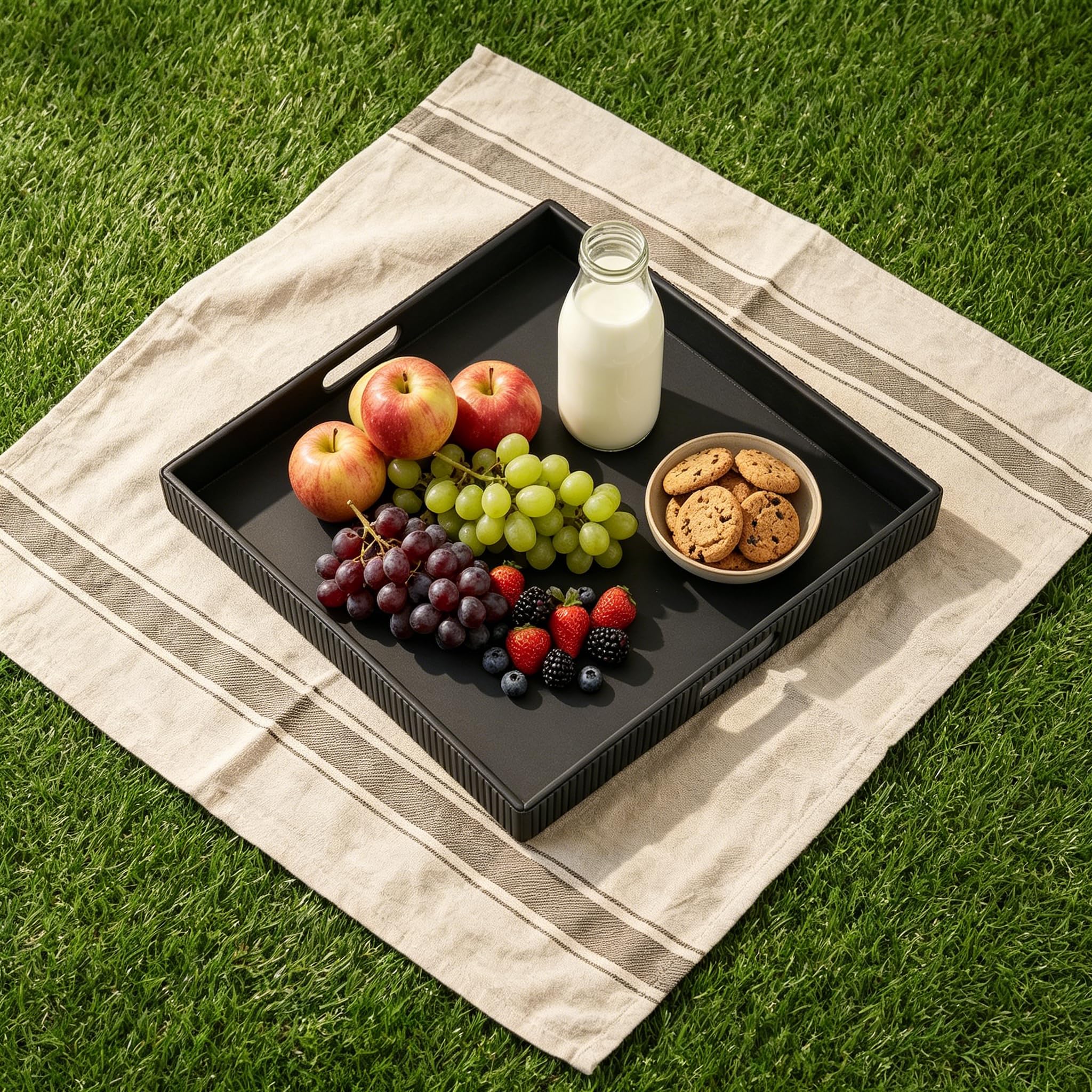 HofferRuffer Bandeja otomana de cuero con asas, 50 x 50 cm, bandeja para servir (negro)