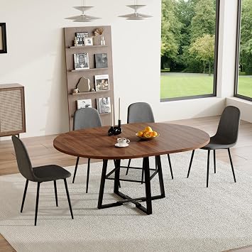 Extendable Round Dining Table Set for 4, 47"-59" Expandable Kitchen Table and Chairs Set with Storage Shelf and 4 Upholstered Fabric Dining Chairs, Modern Rustic Dining Room SetWalnut & Grey