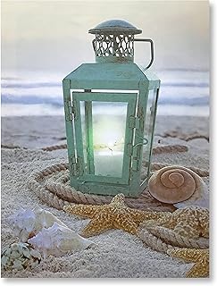 Beach Decoration - LED Canvas Print with a Teal Lantern Sitting on the Beach - Seaside with Ocean Shells and Starfish - Measures 15.75" x 11.75"