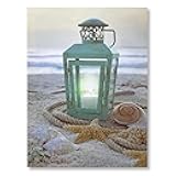 Beach Decoration - LED Canvas Print with a Teal Lantern Sitting on the Beach - Seaside with Ocean Shells and Starfish - Measures 15.75
