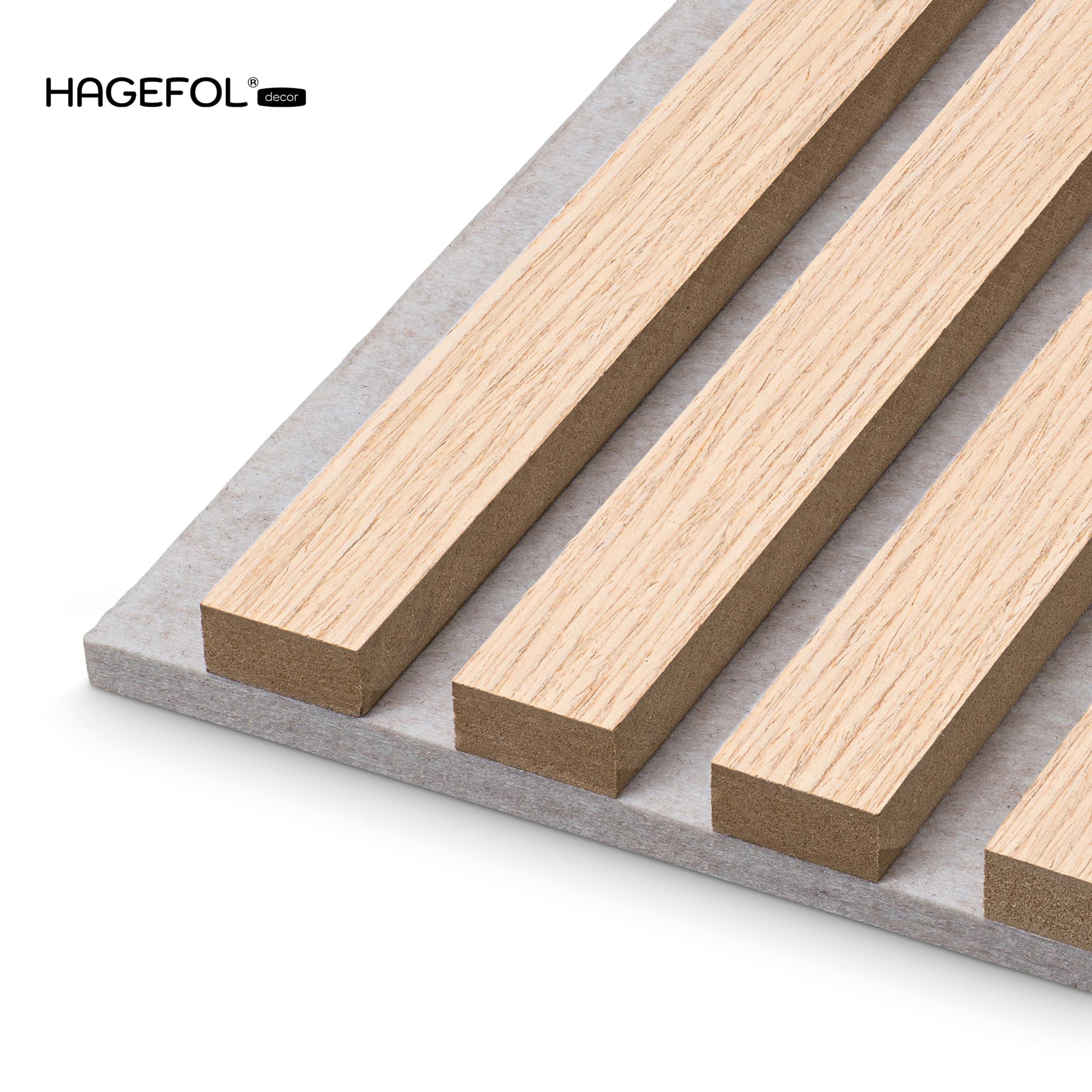 HAGEFOL Panneaux acoustiques en bois - 240 x 60 cm - Couleur : chêne, feutre : beige - Panneaux muraux en bois - Paroi à lamelles 3D en placage de bois sur feutre acoustique - 2400 x 600 mm