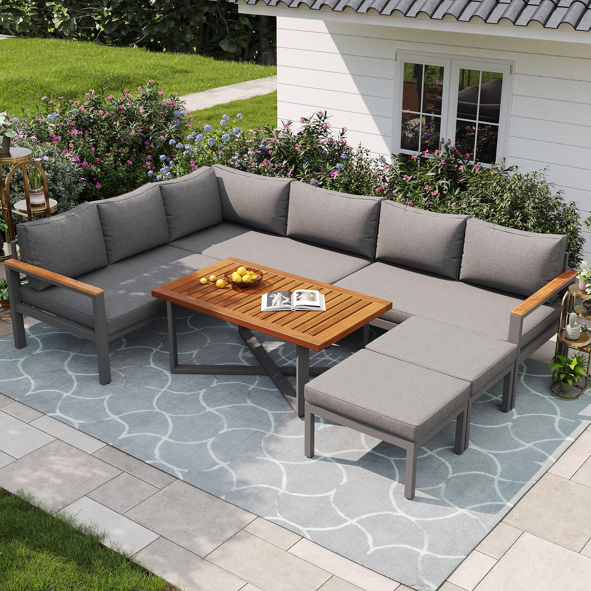 Set di mobili da giardino per 7 – 8 persone, set da giardino per giardino, balcone, terrazza, resistente alle intemperie, set di mobili da giardino con struttura in ferro zincato