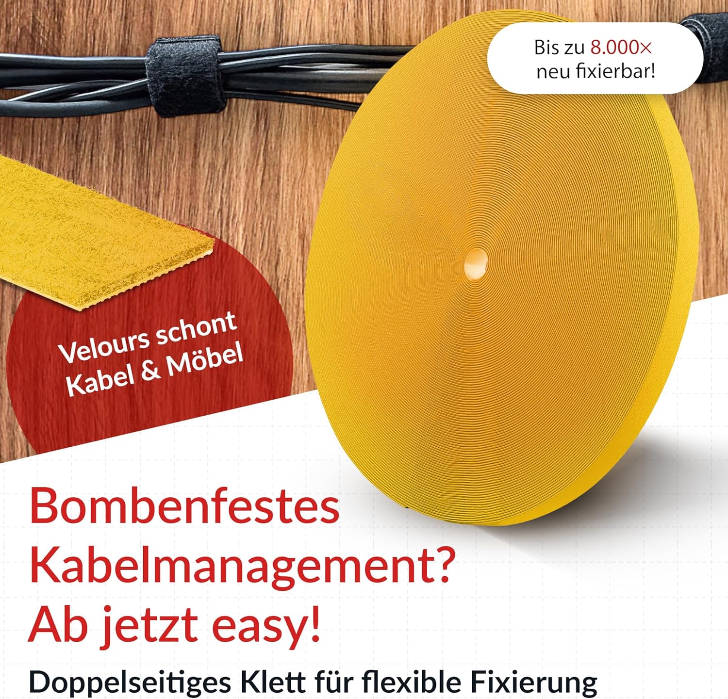 ROLL STRAP – Double-sided & cuttable hook and loop tape 25m x 16mm yellow – Hook & loop cable ties for management, workshop, DIY & plant ties – Reusable fastener tape roll with strong adhesive