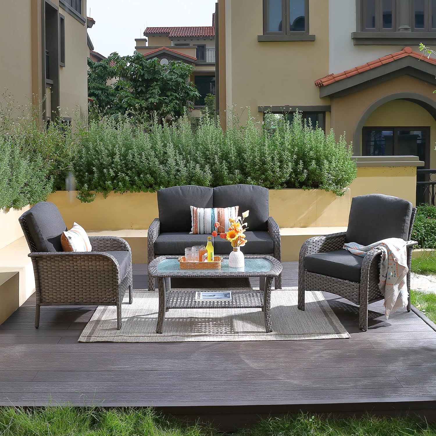 CAODOC 4Piece Wicker Patio Furniture Set, AllWeather