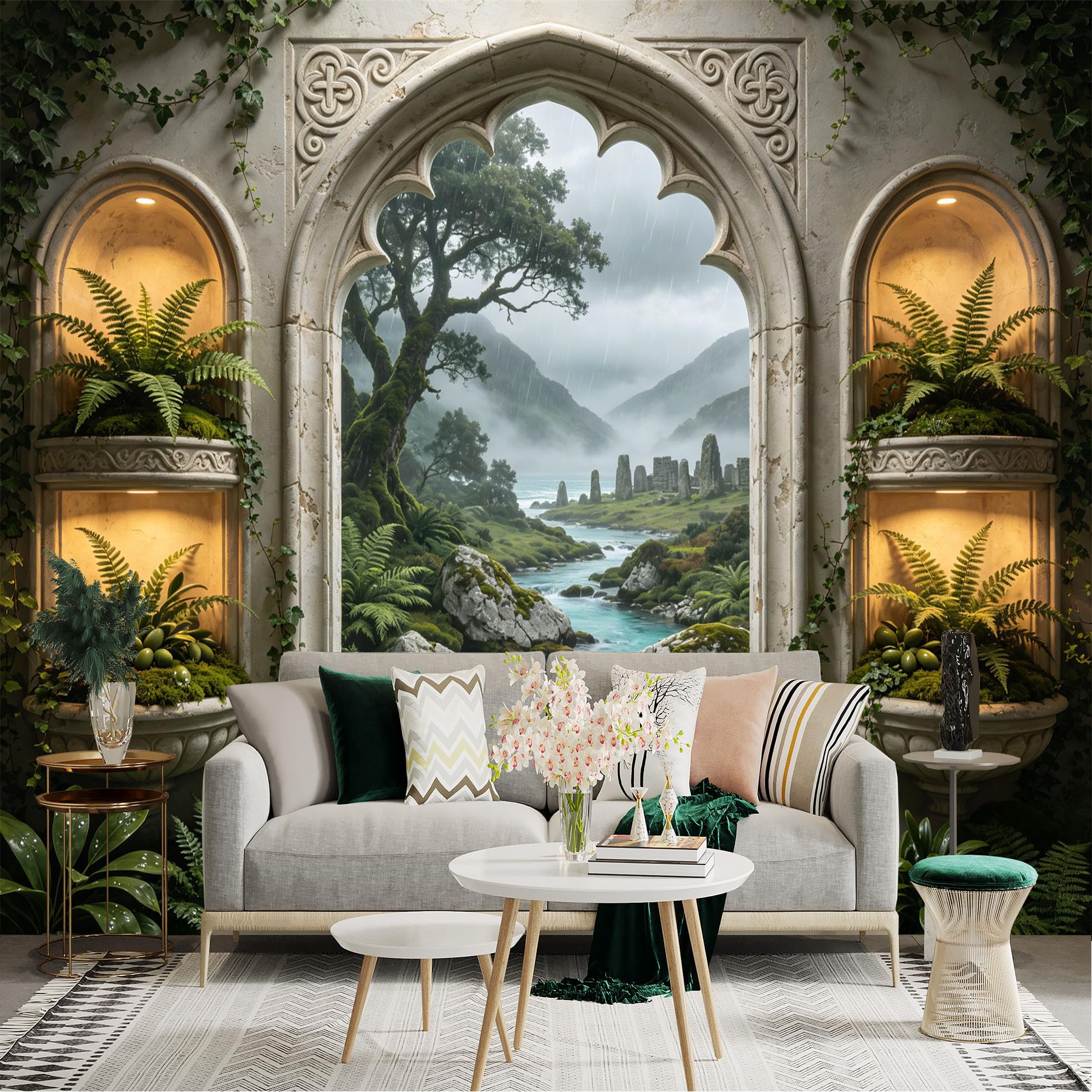 Custom Size Wall Sticker Mural， Ancient Stone Arch with Lush Ferns and River Landscape， Misty Mountains and Waterfall View， for wall Decoration， peelandstick wall Decals.