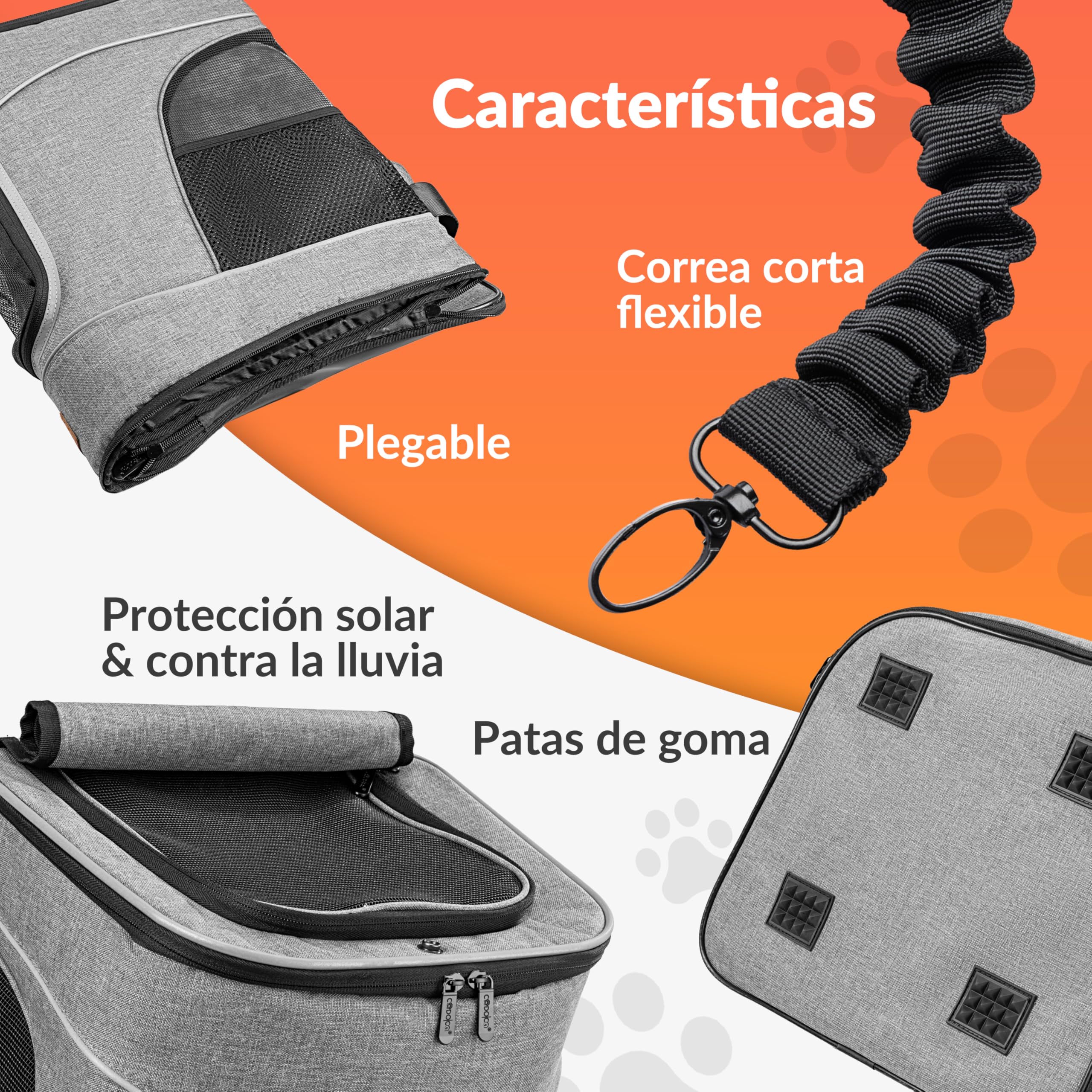 CADOCA® Mochila Transportín Perros Gatos 20 Kg Bolso Transporte Mascotas Plegable Correa Comedero Animales Tiras Reflectantes Viajes Excursiones Gris