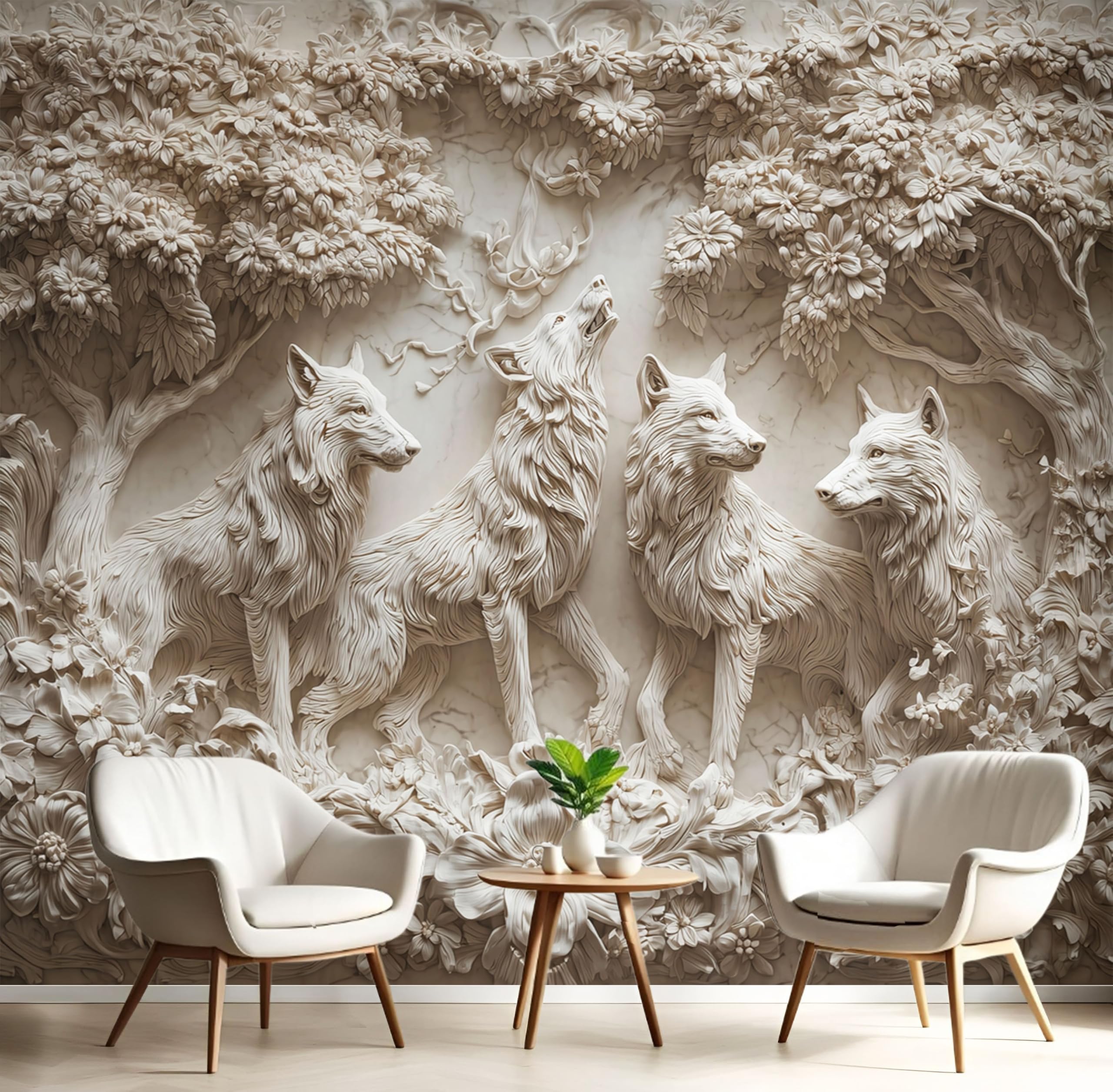 Papier peint panoramique en soie beige luxe 3D pour salon élégant