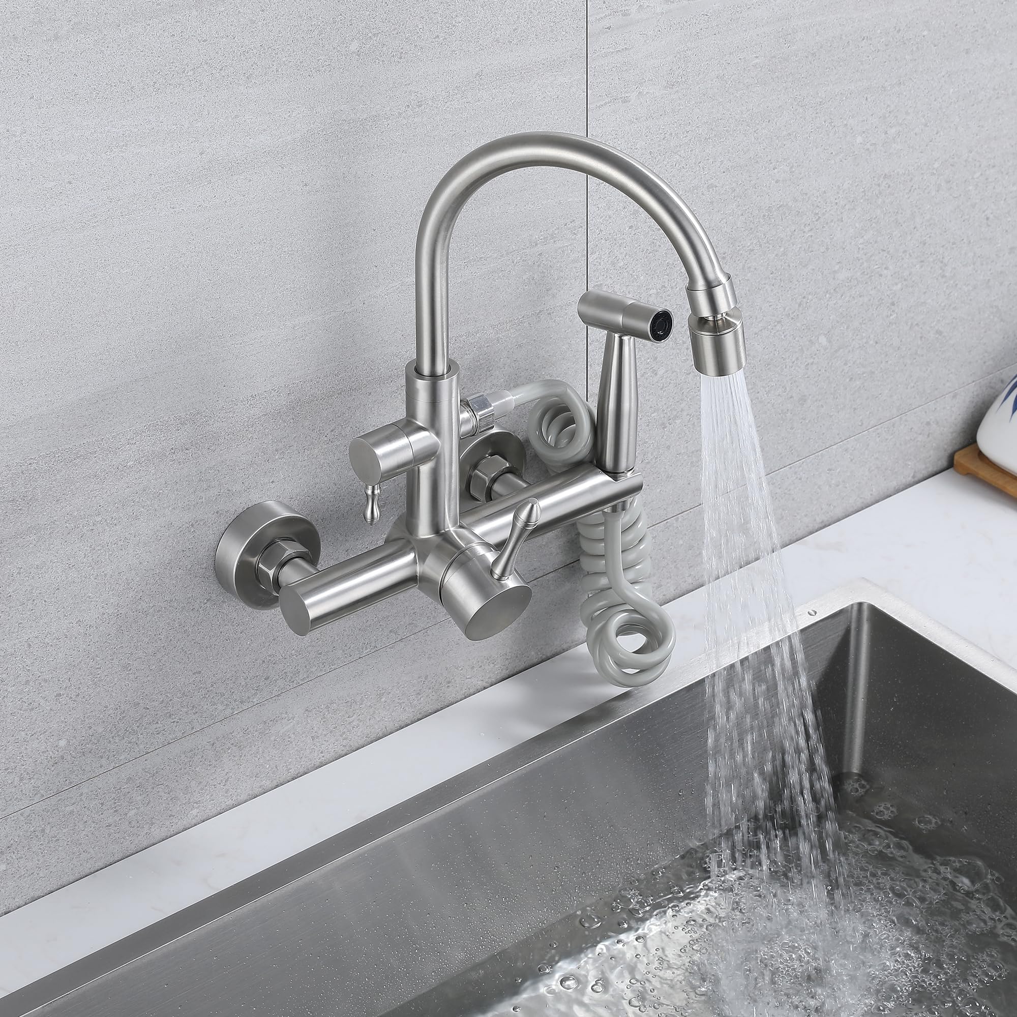 grifo cocina pared Grifo de cocina Grifo de agua fría y caliente de pared Grifo de 360 ​​° con pistola rociadora Fregadero de acero inoxidable 304 multifunción cepillado-si