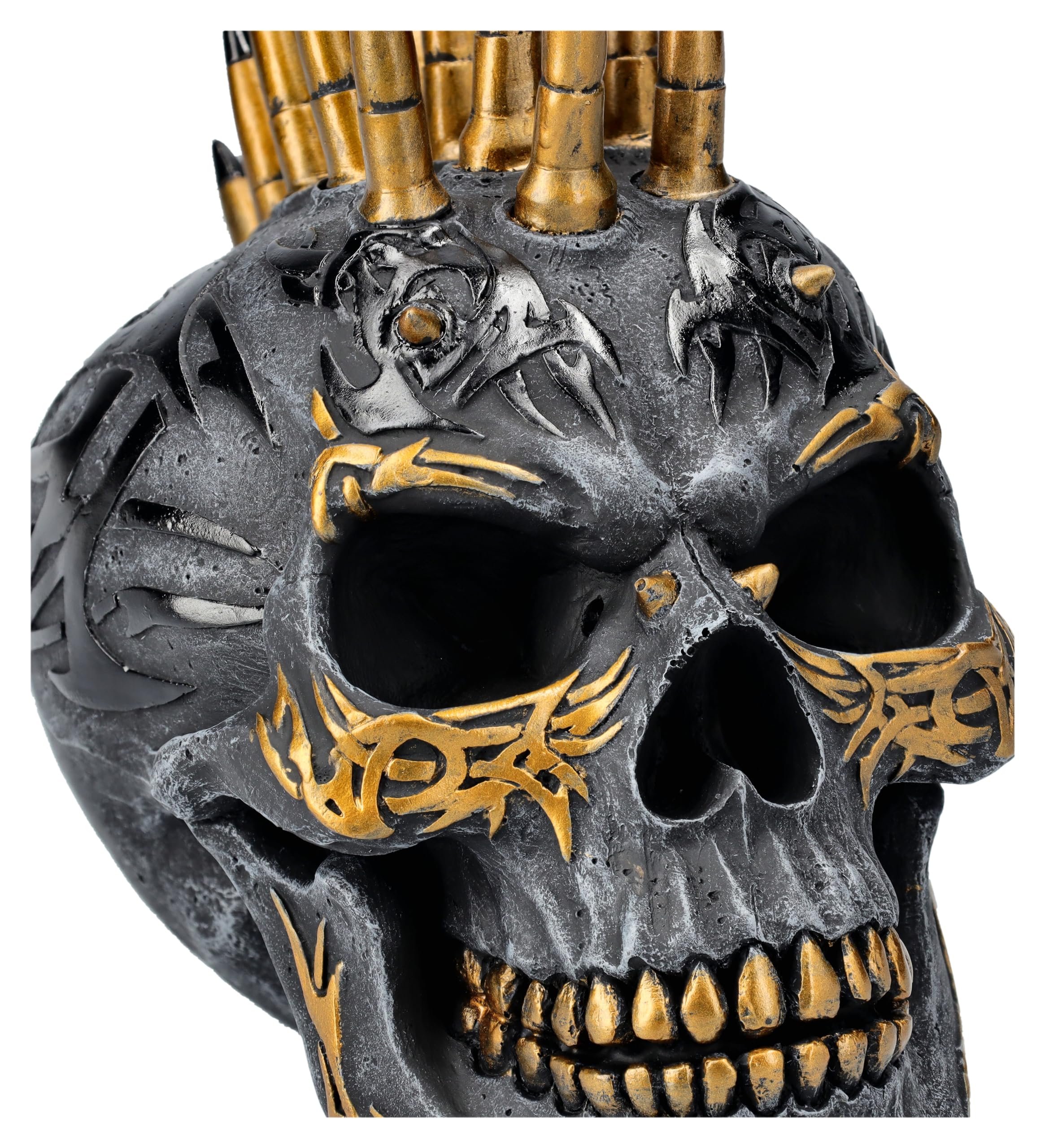 Figurita de calavera Iro, negro y oro de espiral, 16,5 cm – cráneo, calavera, tribales, iroquesis, peinado, bolas
