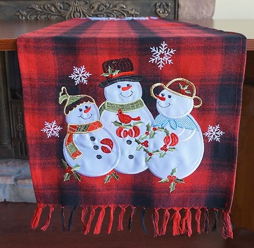 Miniatura 3 de GRANDDECO Camino de mesa navideño, cuadros rojos y negros con bordado floral de muñeco de nieve de Navidad, decoración de mesa para el hogar,