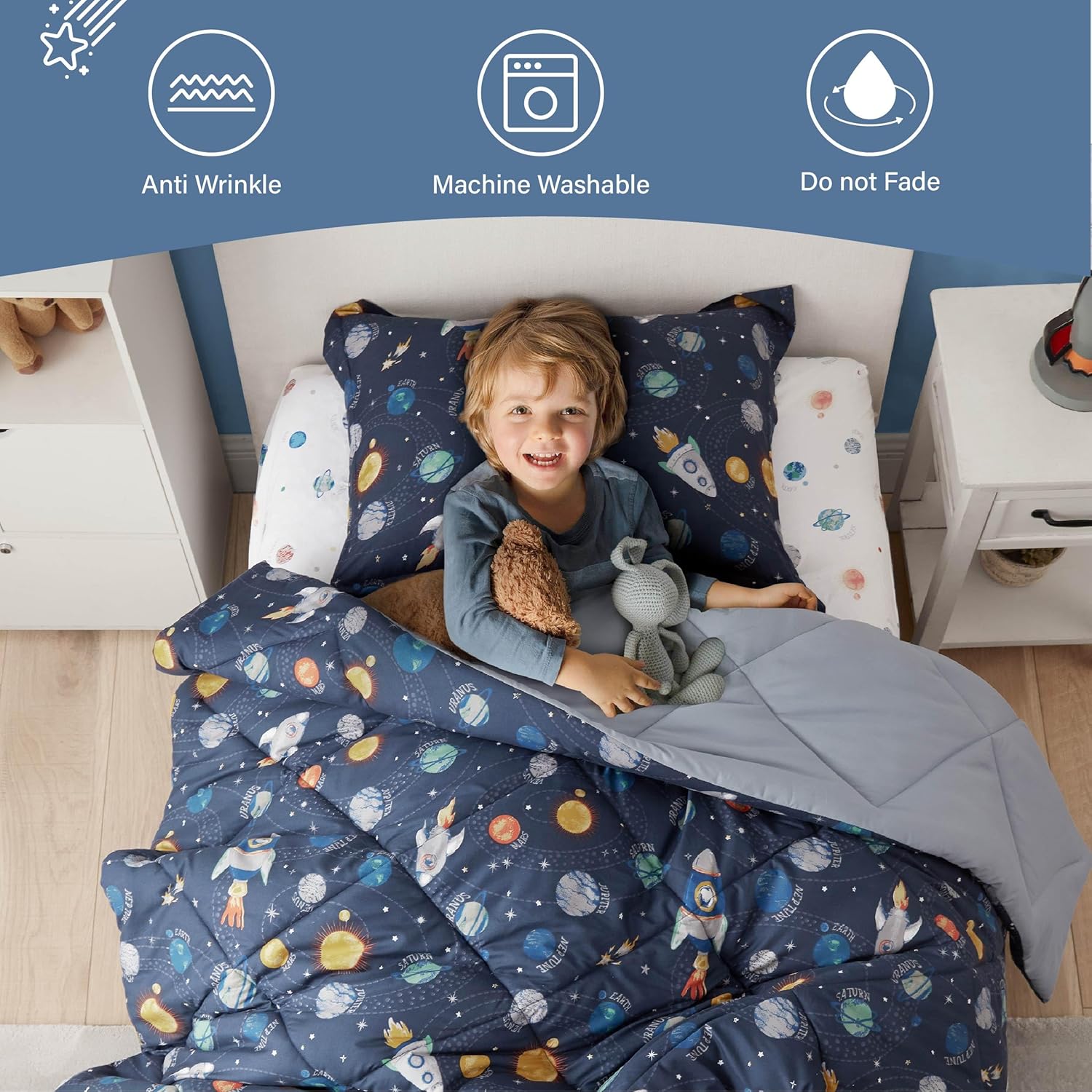 Twin Space Bedding Sets for Boys, 2 Pieces Kids Twin Comforter Sets, Super Soft Lightweight for All Seasons, Includes 1 Comforter (66"x86") and 1 Pillowcase (20"x26"+2") - Image 3