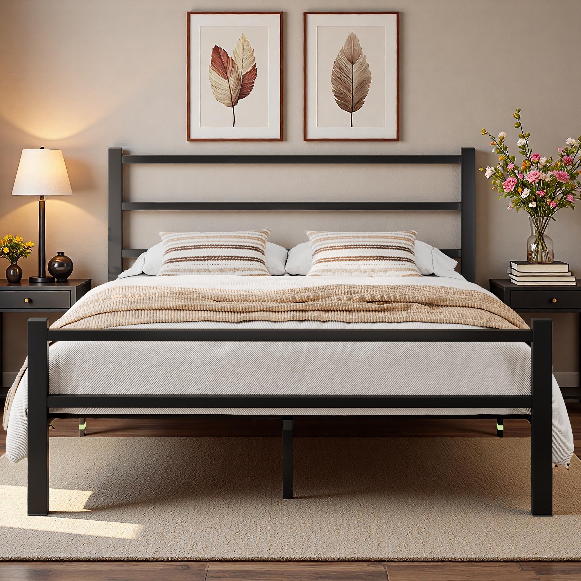 Feonase Double Bed Frame, Metal Platform Bed Frame, Double Beds Solid Bedstead Base with Headboard and Footboard, Sturdy Steel Construction, Under-bed Storage, Easy Assembly, Noise Free, Black