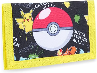 Pokemon Kids Trifold Wallet with Zipped Coin Compartment and Clear ID Pocket (Black/Yellow)
