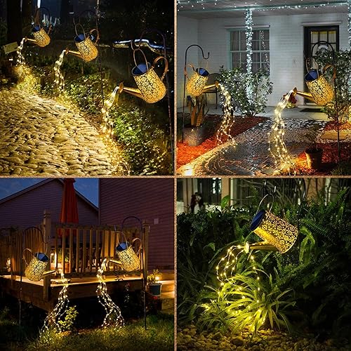 Miniatura 6 de Anordsem Luces solares para regadera linterna colgante de metal para exteriores con gancho, LED de hadas impermeable para decoración de patio,