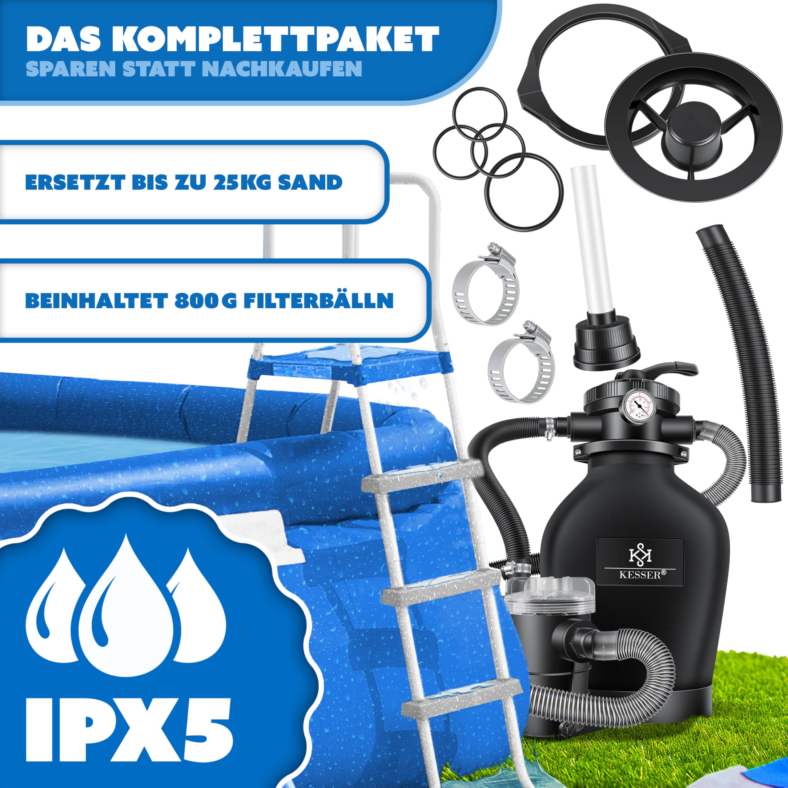 KESSER® Sandfilteranlage für Pool bis zu 60.000L, 10.200 L/h, 400W Pumpe, 20L Tank, 7-Wege-Ventil mit Druckanzeige mit 800g Filterbälle, Poolfilter 10 m³/h mit Adapter Ø32–38mm & Wettercover, Schwarz