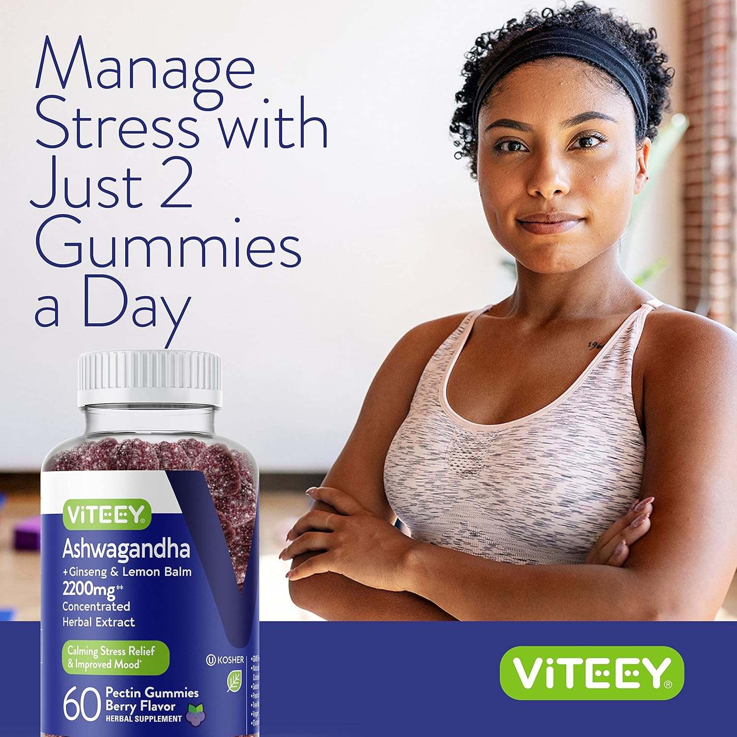 Viteey Ashwagandha Gummies with Ginseng & Lemon Balm - Mood, Calm & Stress Support Ashwagandha Supplements - Vegan, Gluten-Free - 120 Count