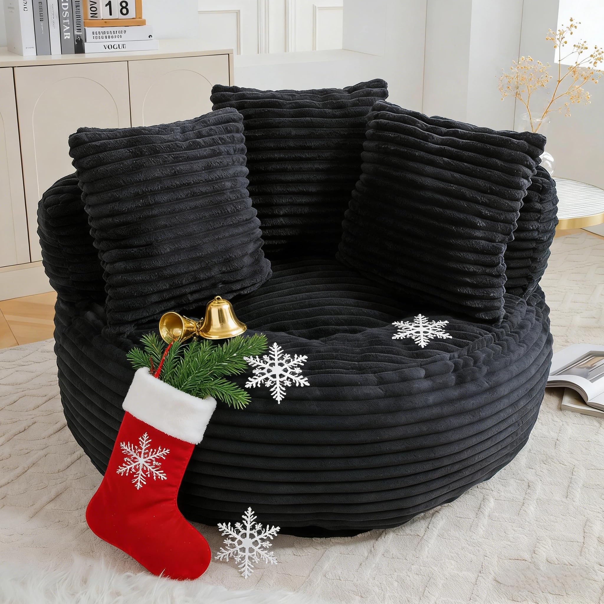poneeridea 45" Oversized Bean Bag Chair with 3 Pillows,Black Bean Bag Chair for Adults,Corduroy Beanbag Sofa with Back Support,Comfy Memory Foam