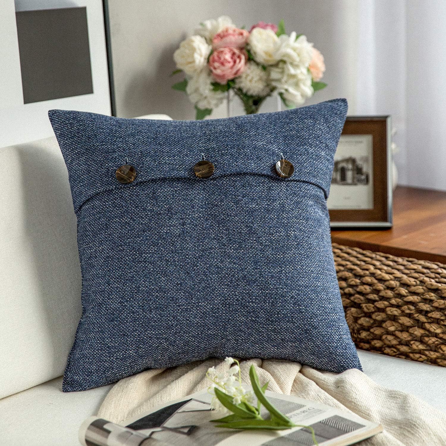 Phantoscope Farmhouse Throw Pillow Covers Triple Button Vintage Linen Decorative Pillow Cases for Couch Bed and Chair Navy Blue,20 x 20 inches 50 x 50 cm
