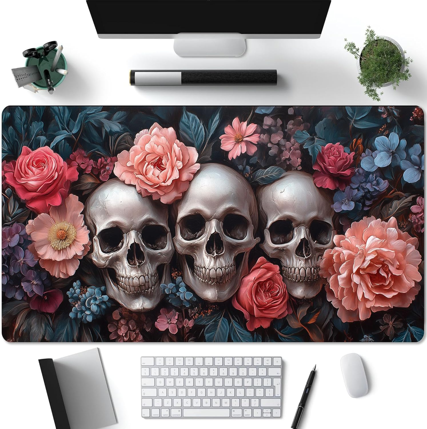 Gothic Floral Skull Desk Mat, Large Gaming Mouse Pad with Dark Aesthetic Roses and Skulls, Non-Slip Waterproof Deskmat, Office Desk Decor, Halloween, Witchy Horror Vibes, 31x15in