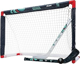 Franklin Sports NHL Seattle Kraken Mini Hockey Set - Kids Indoor Knee Hockey Goal, Ball, 2 Mini Hockey Stick Combo Set - Youth NHL Team Indoor Toy Knee Hockey Sets - NHL Official - Ages 3+
