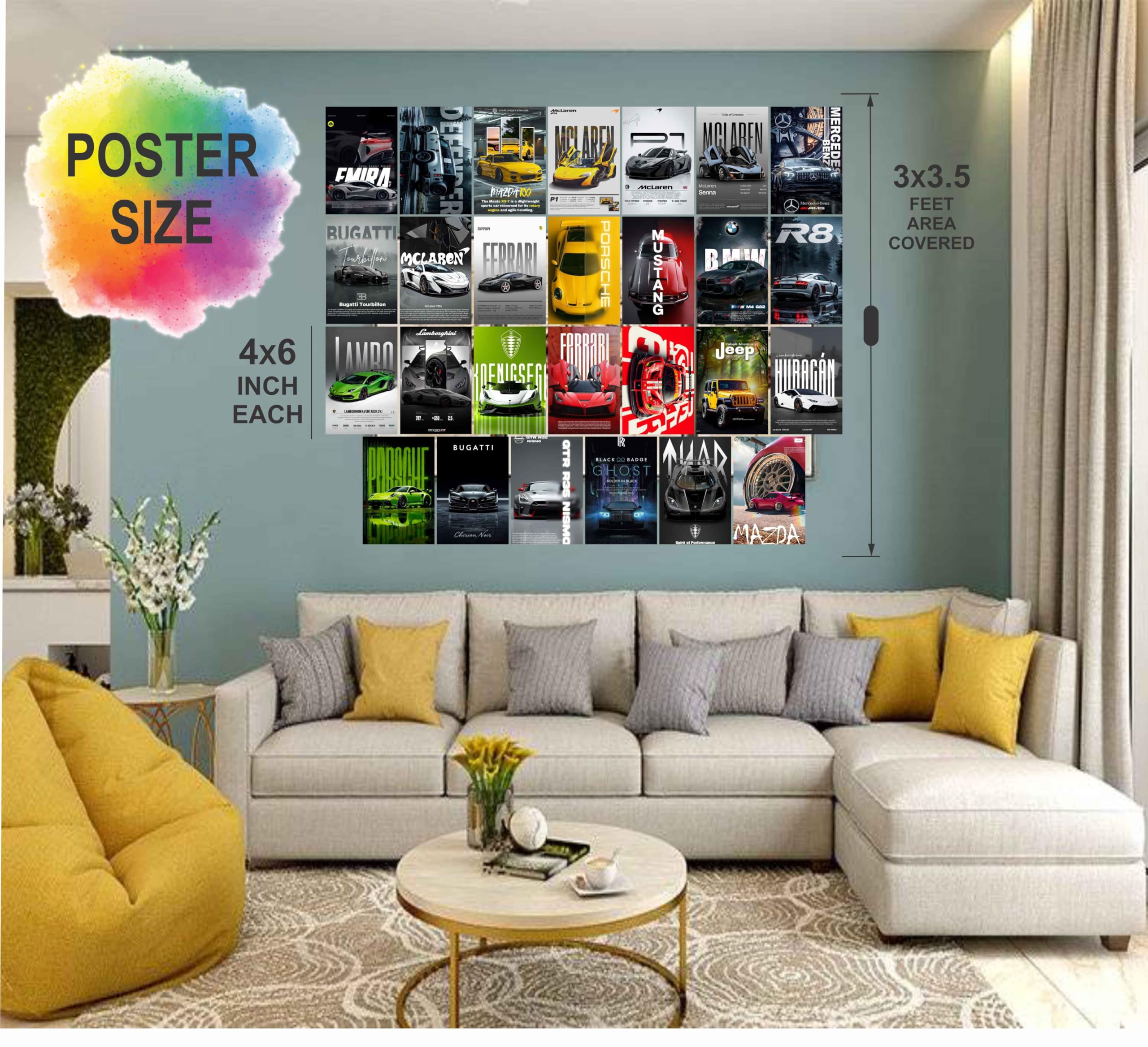 27 Sports Car Posters (10cm*15cm) 300GSM with Double Side Tape for Gym Arena, Gaming Parlour, Living Room Multiple Organising Shape Wall Decals 3
