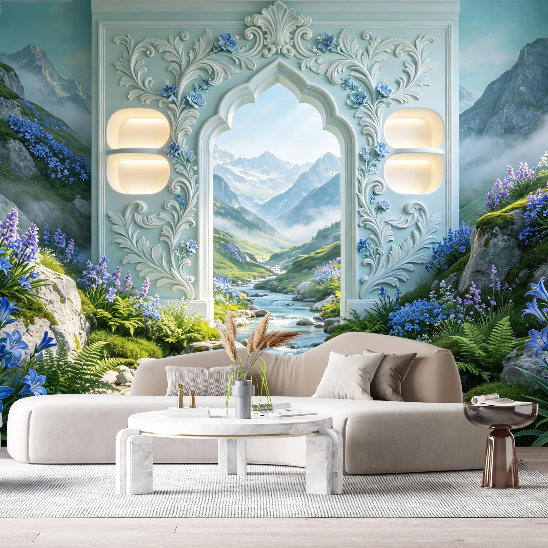 Custom Size Wall Murals Mountain Lake Misty Peaks Blue Wildflowers 3D Trompe L'Oeil SelfAdhesiveWall Fabric Removable Wallpaper Wall Decor for Living Room Bedroom Bathroom