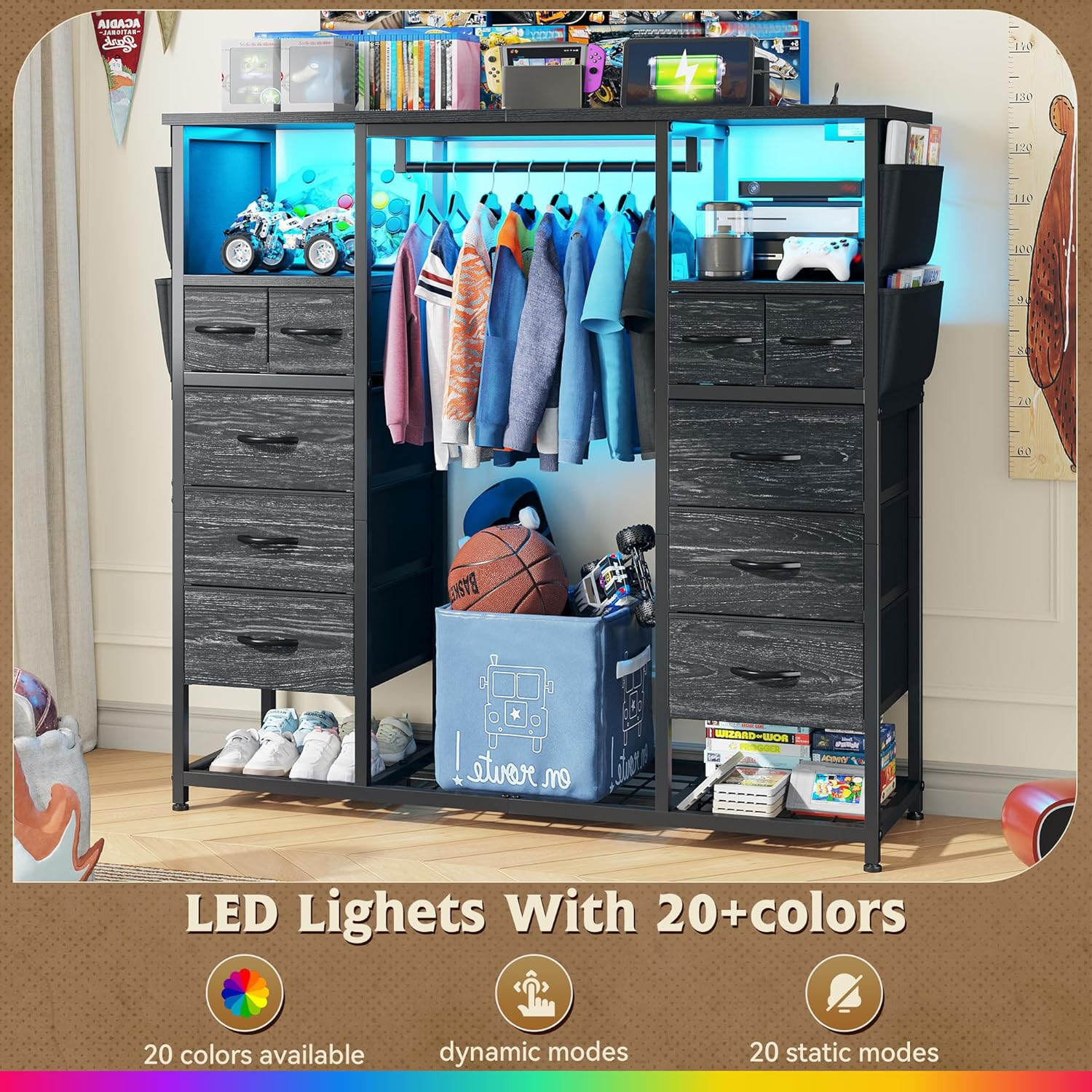 51.2" H Black Dresser with Hanging Rack, 10 Drawers Dresser for Bedroom, Fabric Chest of Drawers with LED Lights & Charging Station, Wooden Top & Sturdy Frame, Black