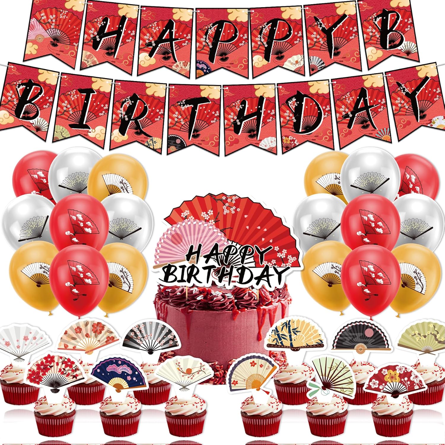 Folding Fans Japanese Party Decorations Hibachi Japanese Party Decorations Folding Fans Party Supplies Includes Chinese Birthday Banner, Cake Topper, Cupcake Toppers, Balloons