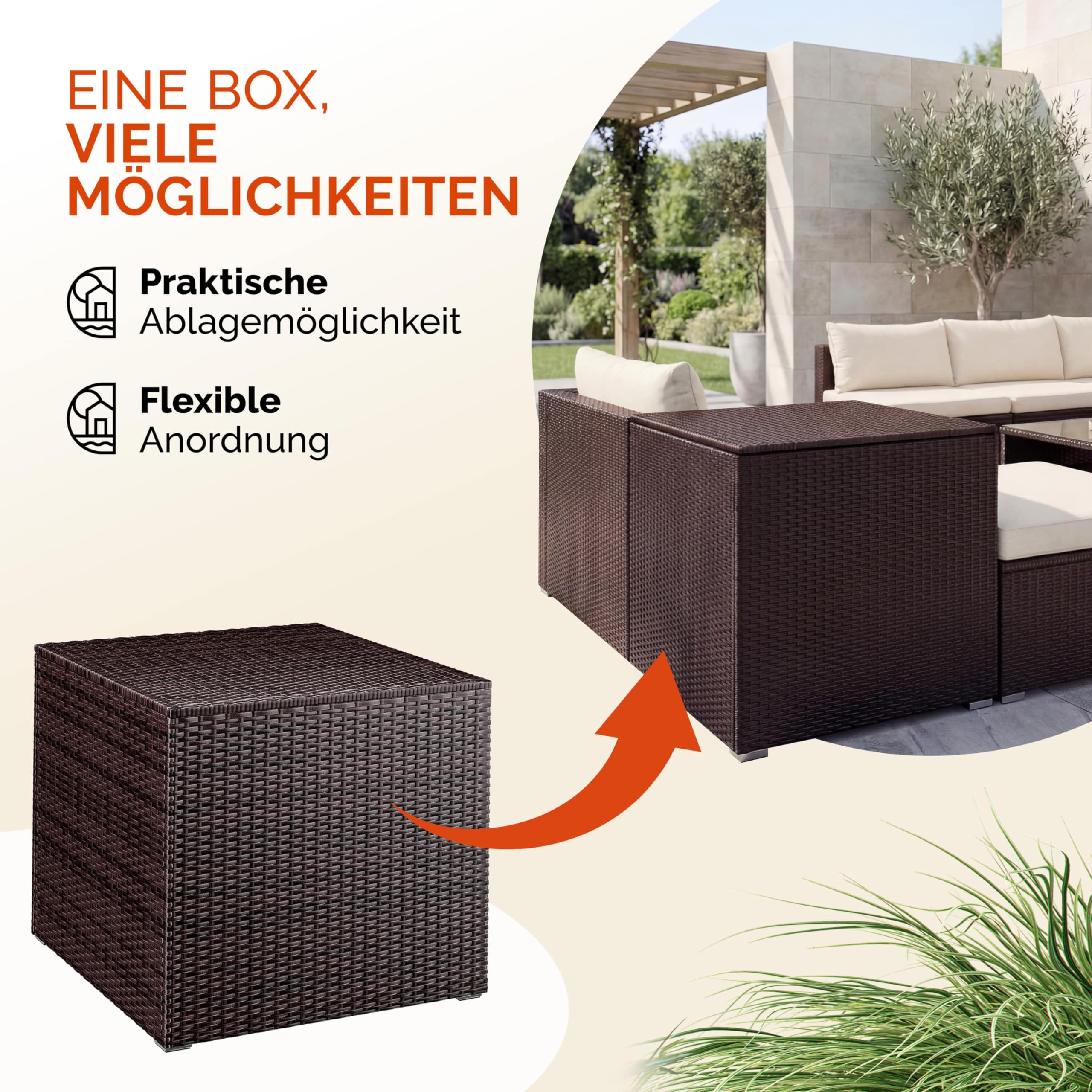 Casaria® Auflagenbox 318L Polyrattan - Wetterfeste Garten Aufbewahrungsbox für Kissen & Sitzauflagen 75x75x70cm, für Balkon, Terrasse und Garten, UV-beständig Braun