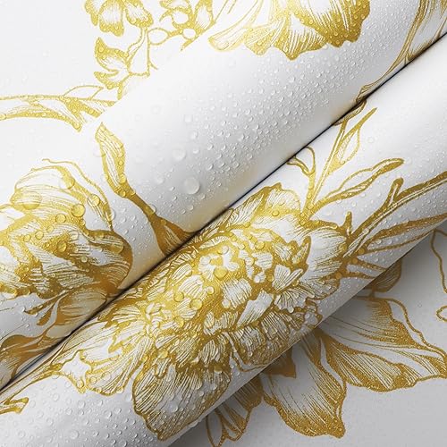 Miniatura 7 de Safiyya Papel tapiz dorado y blanco de 393 x 17.3 pulgadas, papel de contacto con pájaros florales, papel tapiz autoadhesivo dorado extraíble para