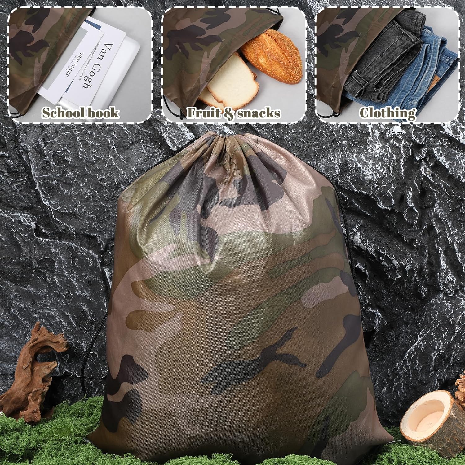 24 Pcs Camo Bag Waterproof Camo Drawstring Bags Bulk Large Army Lightweight Woodland Camouflage Drawstring Classic Gift Bags Army Party Favors Backpack String Bag Travel Gym Sport - Image 5
