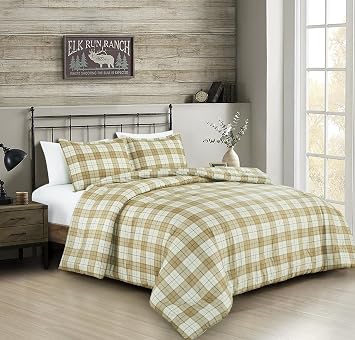 Chezmoi Collection 3-Piece Plaid Comforter Set Queen Size - Tan Beige Blue Plaid Stripe Printed Microfiber Bedding Lightweight Breathable Blanket for All Season