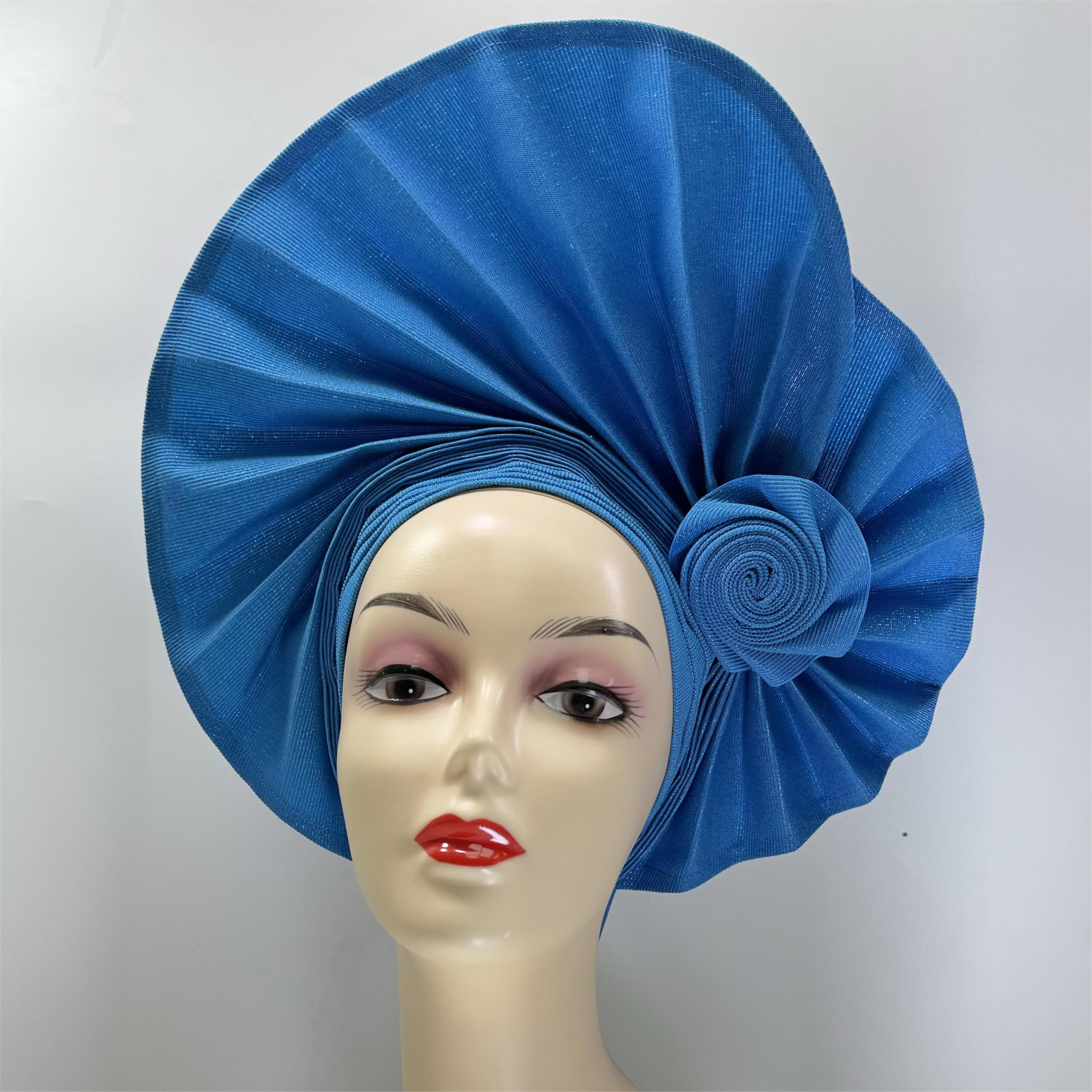 Luxury Nigerian ASO Oke Headtie Already Made African Headties Women Headbands Turban Cap Auto Gele Headgear 18025 (Sky Blue)