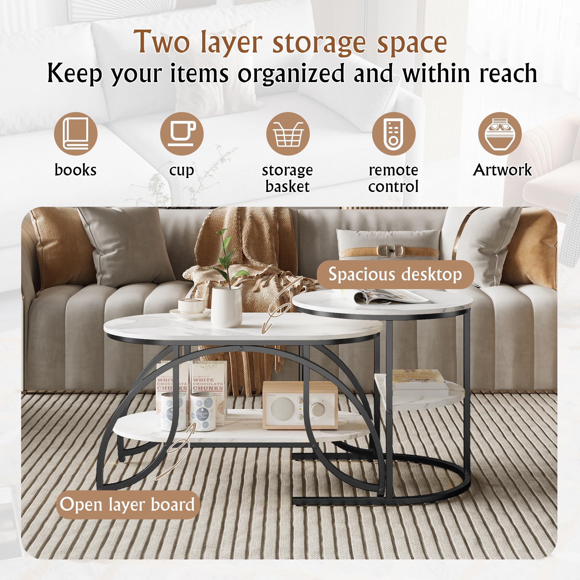 Juego de 2 mesas bajas para salones, mesas de salón separadas, mesa Gigogne de diseño de mármol, con espacio de almacenamiento, efecto de mármol, marco de metal, mesa auxiliar apilable (negro