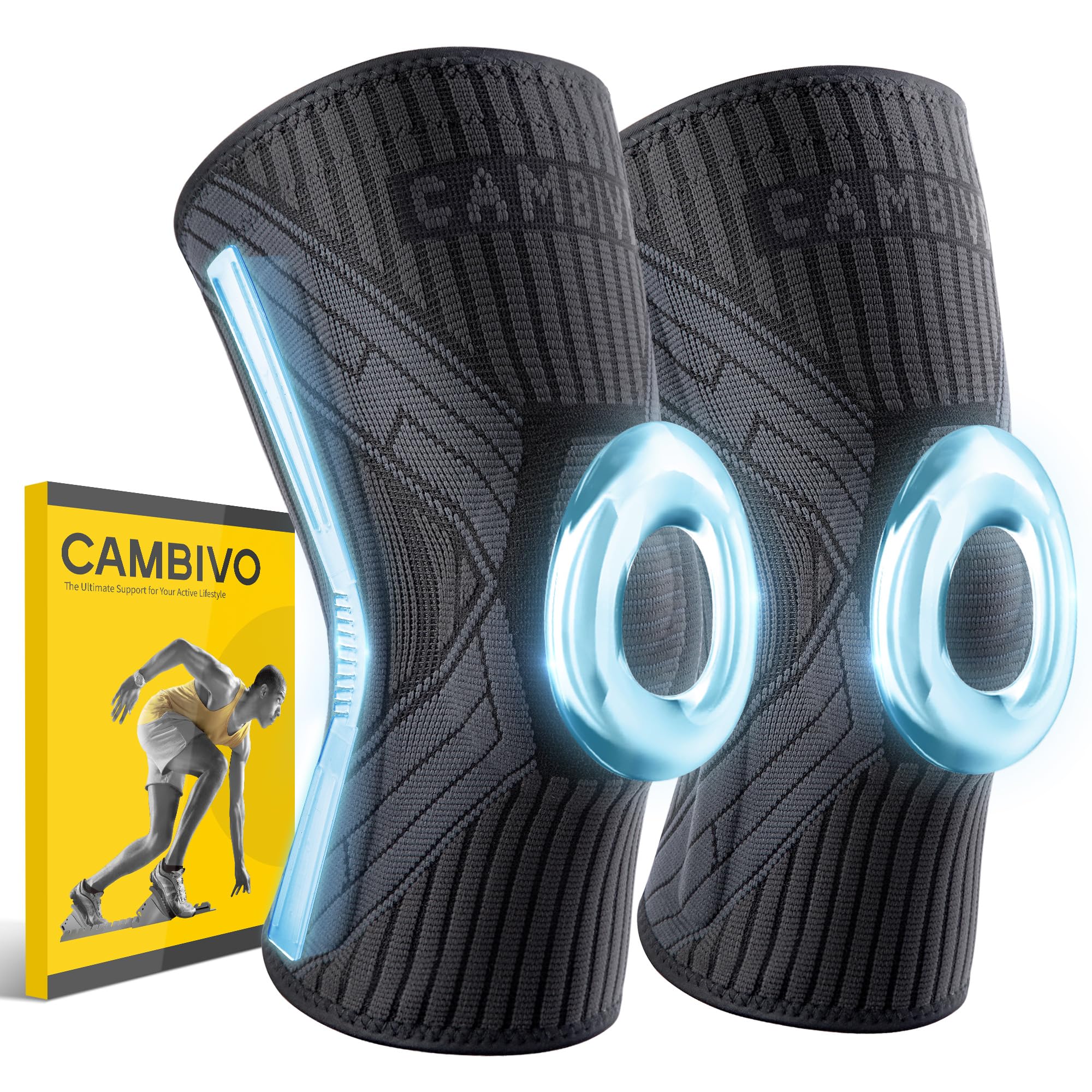 CAMBIVOKnee Support for Men Women 2 Pack Pro, Knee Brace Compression Sleeve with Side Stabilizers & Patella Gel Pad, Knee Pads for Running, Weight Lifting, Arthritis, Joint Pain, Squats, Sports