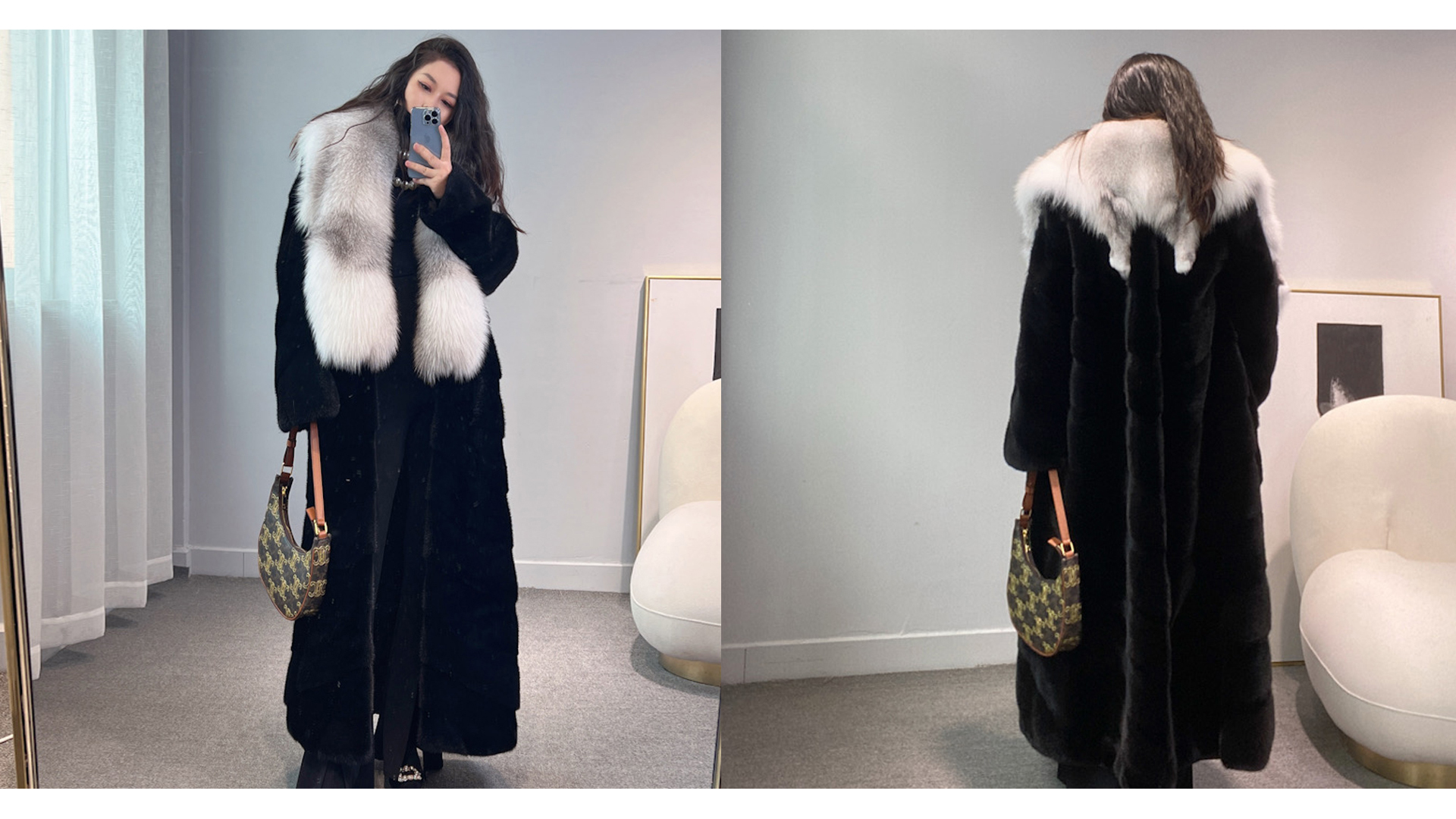 Denny&Dora Women's Mink Fur Coat Imported Black Mink Fur Coat With