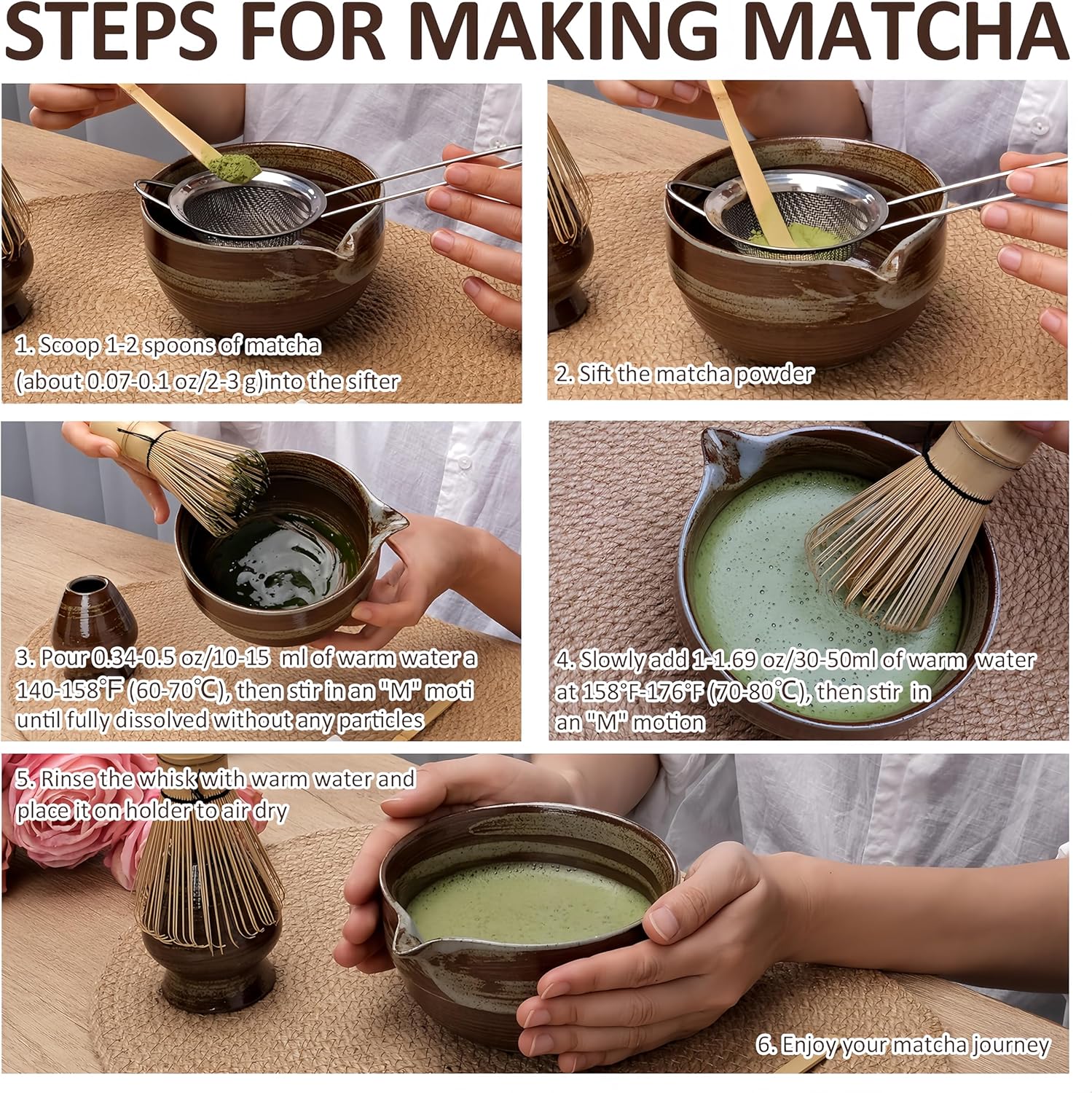 Joyscale Matcha Whisk Set, Matcha Set Whisk And Bowl, 8 Pcs Matcha Kit Set(Retro Design), 16 OZ, Japanese Matcha Tea Set, Matcha Making Kit Gifts for Tea Lovers(Brown) - Image 8