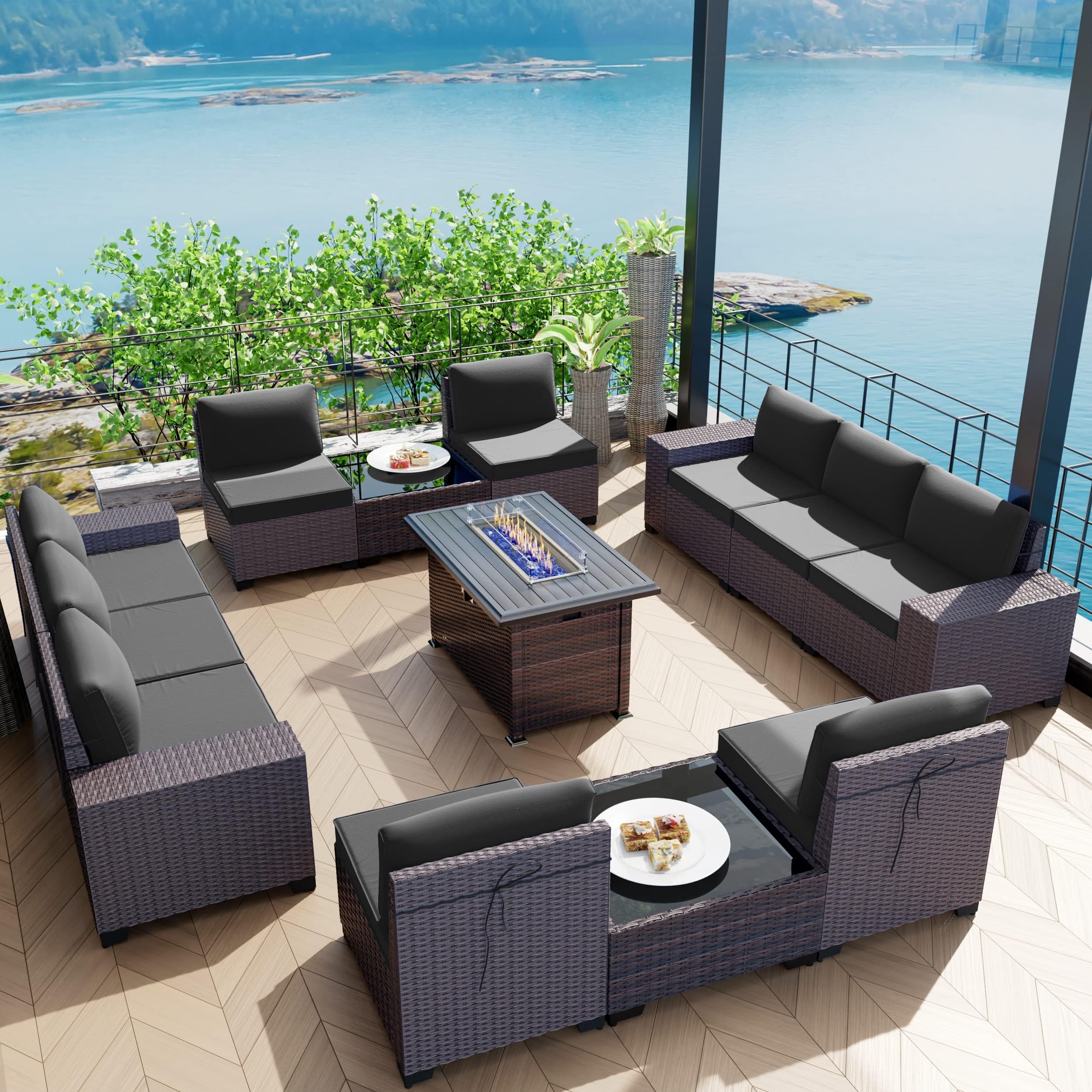 13 Pieces Outdoor Patio Furniture Set with 43" 55000BTU Gas Propane Fire Pit Table PE Wicker Rattan Sectional Sofa Patio Conversation Sets,Black