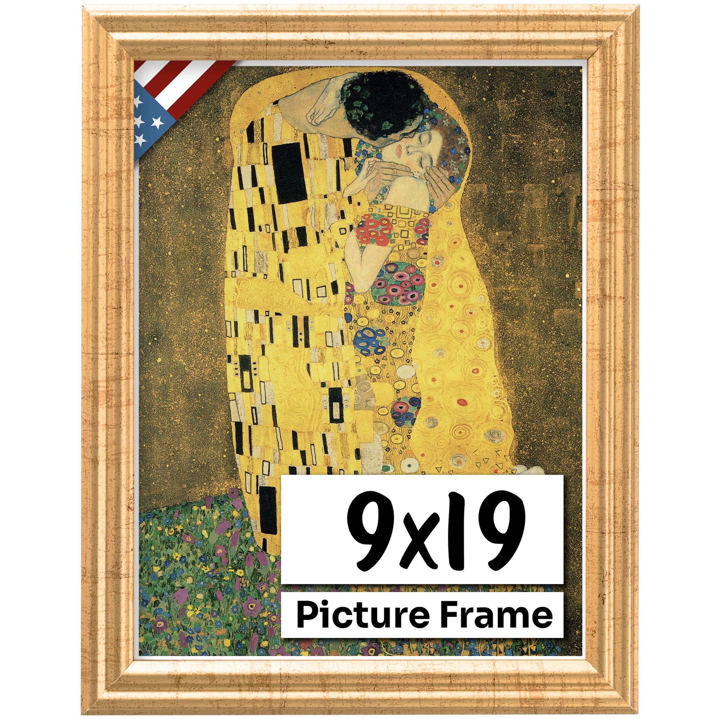 US Art Antique Gold 9x19 Picture Frame .75" Inch Wide - Gold Wall Decor Handmade Solid Wood Frames with Preinstalled Hangers and UV Blocking